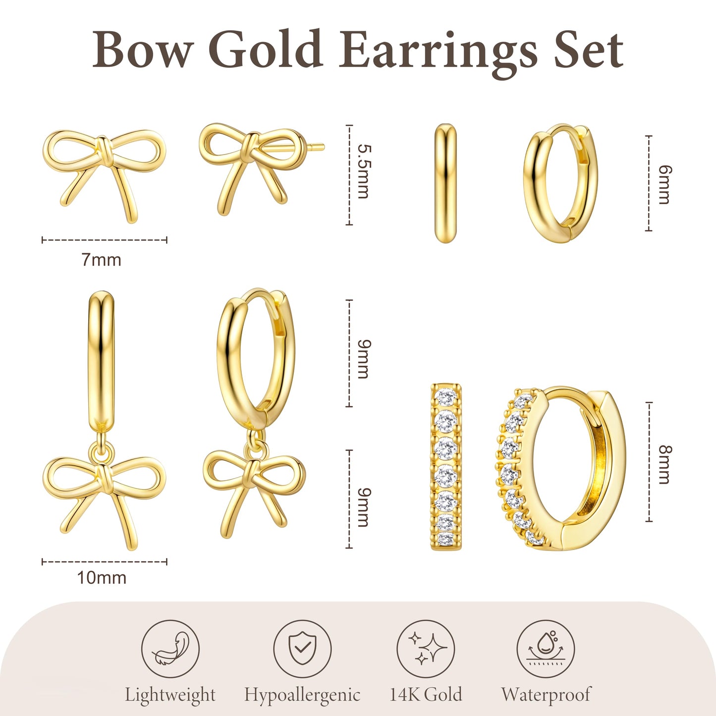 Gold Bow Earrings for Women,Huggie Small Stack Cartilage Stud Hoop Earring Sets for Multiple Double Piercing, Conch Helix Rook Tragus Daith Piercing Gold Clip On Jewelry Set Gifts