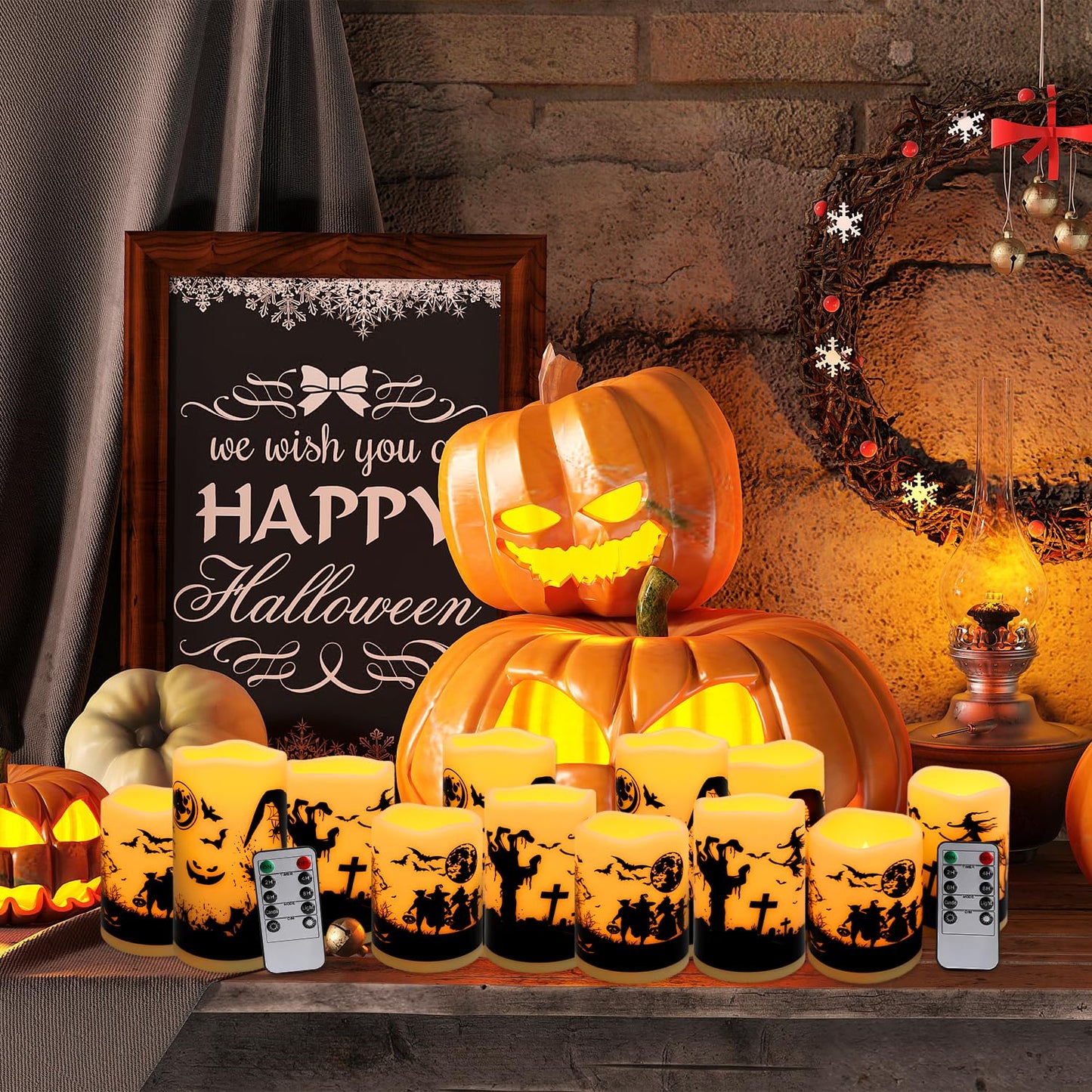 CLTNIKET 12-Pack Halloween Ink Painting Large Electronic Waxes with Remote Control, Flameless LED Candles for Halloween Spooky, Halloween Ambient Sense Artifacts.