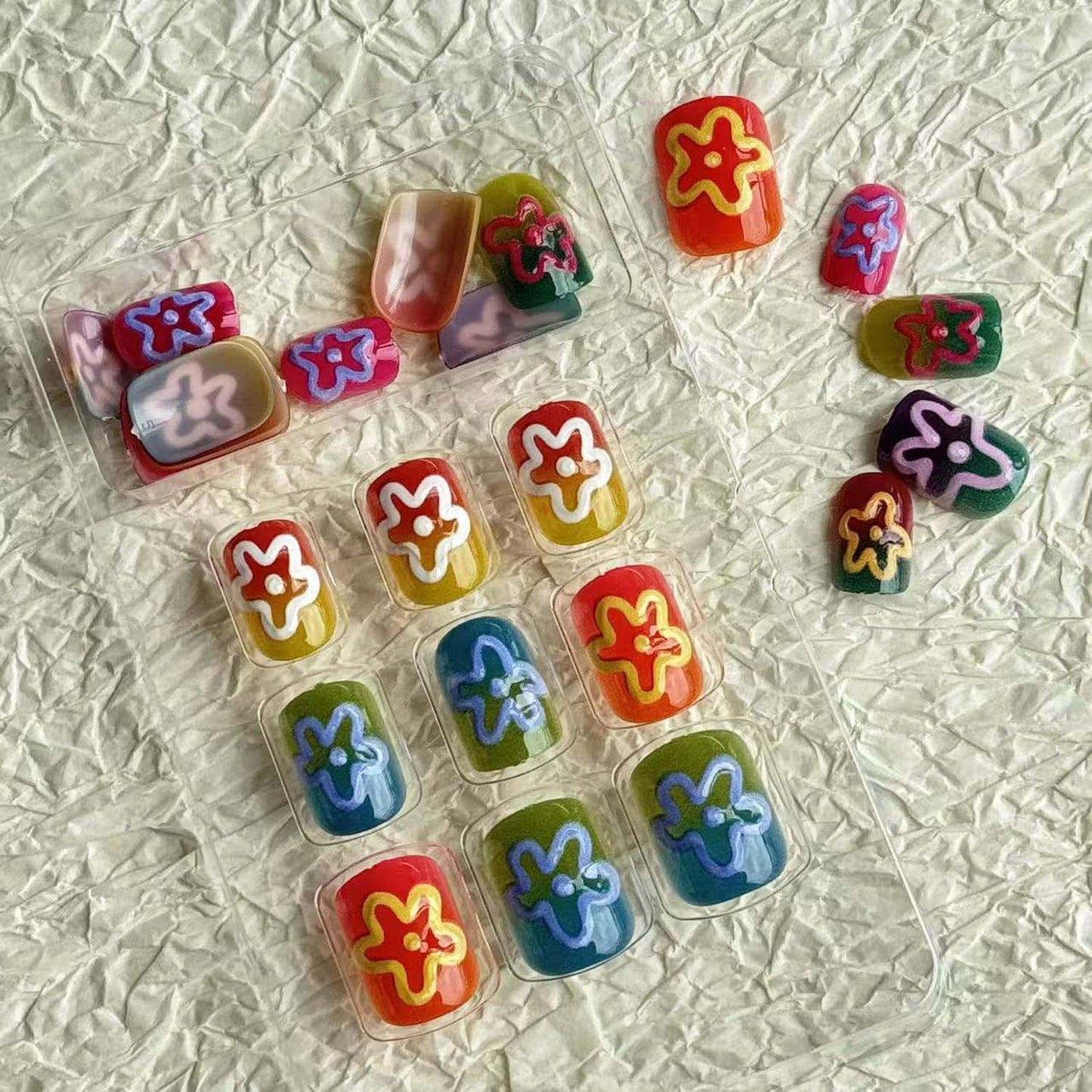 24pcs Short Square Press on Nail Summer Fake Nails Colorful with 3D Flower designs Stick on Nail Full Cover Cute False Nails Reusable Gradient Pride Press ones Glue on Nails for Women Beach