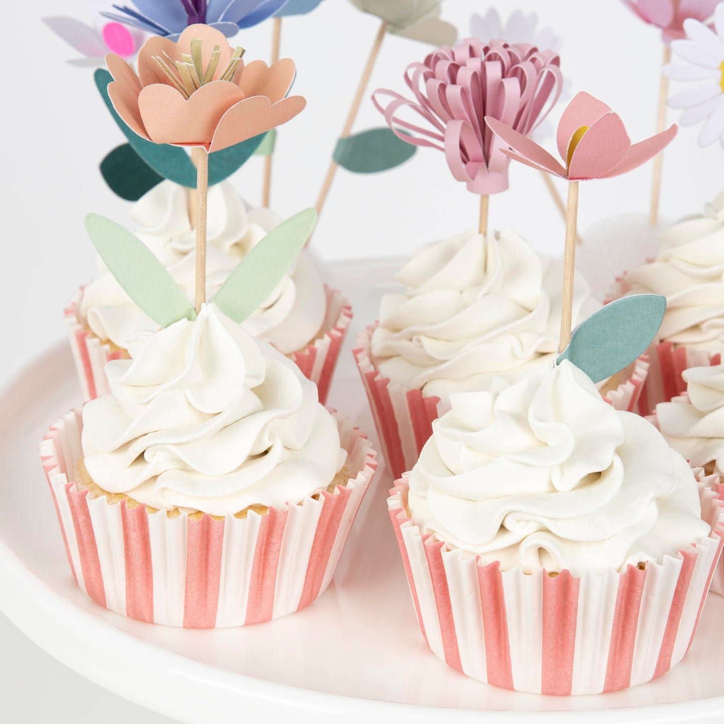 Meri Meri Flower Garden Cupcake Kit (Pack of 12), Flower Cupcake Decorations, 12 Cupcake Toppers & 12 Pink and White Striped Cupcake Liners