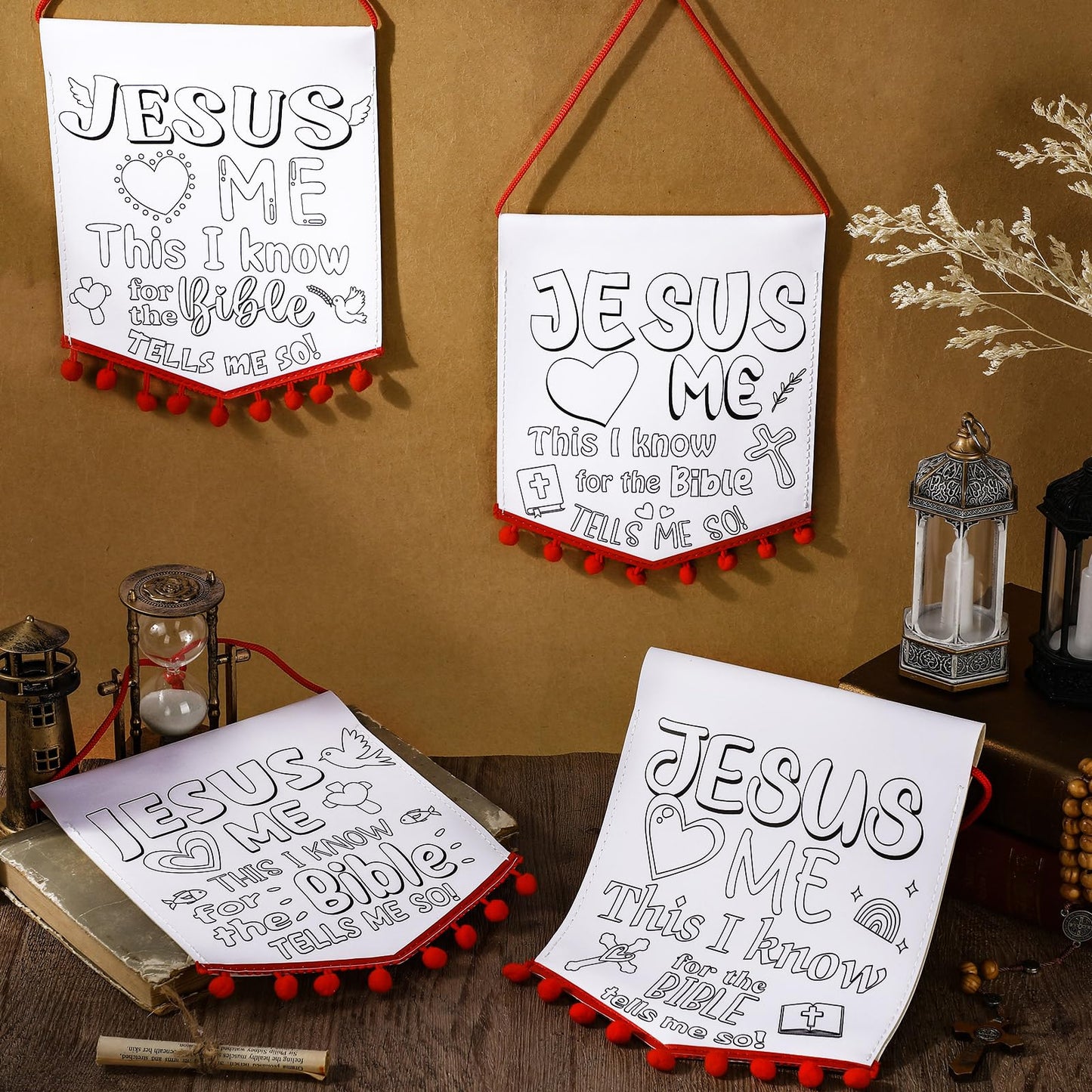 VitalCozy 24 Sets First Communion Banner Kit Sunday School Christian Crafts for Kids Color Your Own Religious Banners for Kids DIY Jesus Loves Me Banners, Sunday School Party Favor Game Activities