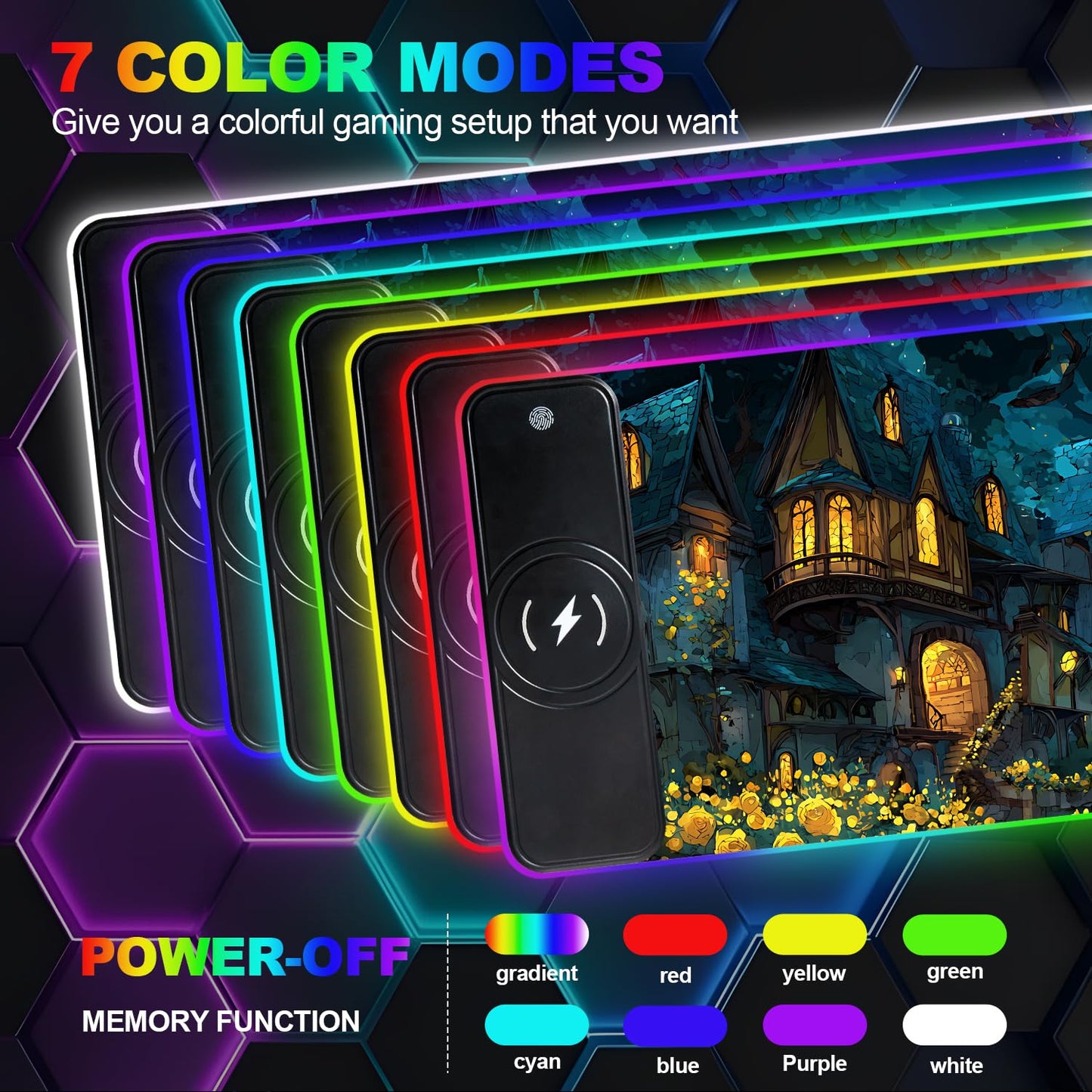 Wireless Charging RGB Gaming Mouse Pad, 31.5 x 11.8 Inch Extended Mouse Mat with Fantasy Castle & Rose Design, LED Desk Pad with 7 Lighting Modes, Non-Slip Base for Gaming & Office