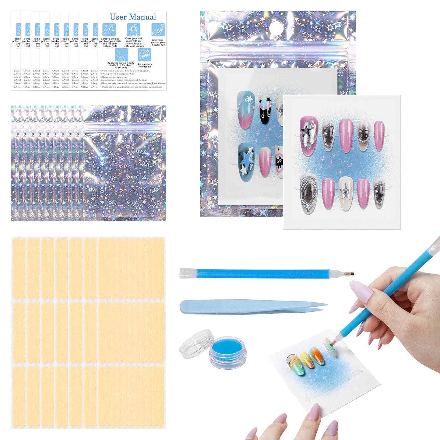 Raisetip 100PCS Press on Nail Packaging Bag, 100PCS Display Card with 231 Pcs Pre-cut Adhesive Tape & Diamond Art Pens & Glue Clay & Tweezers, 6-in-1 Set for Nail Display (Laser star)