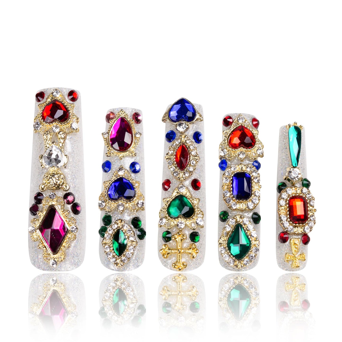 LOVFUL Press on Nails Treasure Trove Rhinestone | Handmade with Full Covered Crystals | Reusable Full Cover Nails | Square Mid length 1.7 in | H103-M