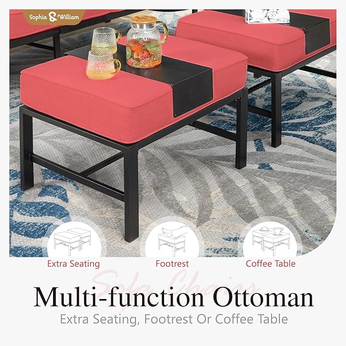 Sophia & William Patio Furniture Sets for 5 Outdoor Metal Conversation Sets 5 Pcs with 2 x Cushioned Swivel Sofa Chairs, 2 x Ottomans as Coffee Table, 1 x 3-Seat Sofa, Lawn Backyard Poolside Red