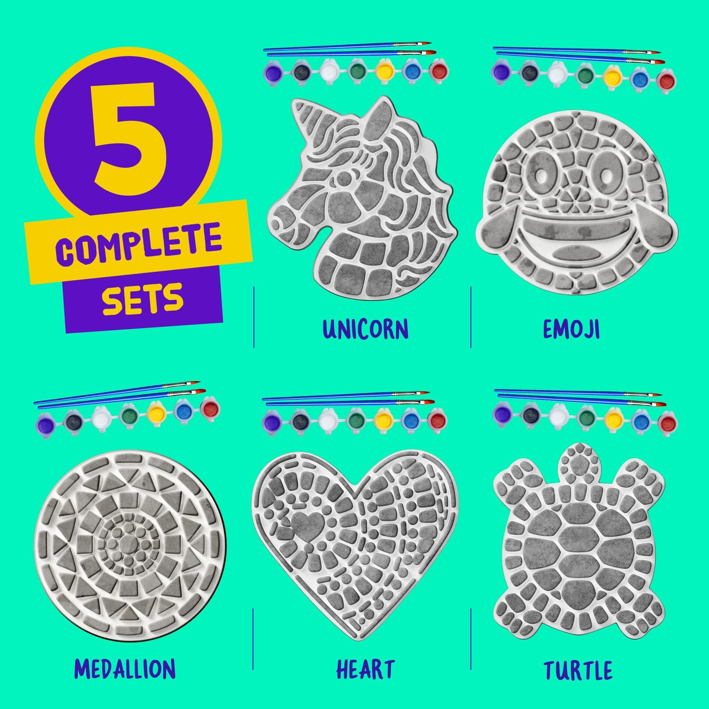 Dan&Darci Stepping Stones Painting Kit for Kids, 5 Paint Your Own Garden Stones with Paints and Brushes, Crafts for Kids Ages 6-8