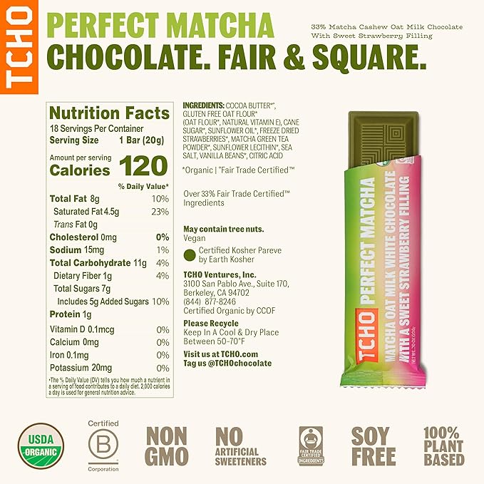 TCHO Perfect Matcha Chocolate Bar 18 Pack - Organic Oat Milk Chocolate with Matcha Shell and Strawberry Filling - Plant-Based Non-GMO Matcha Snacks