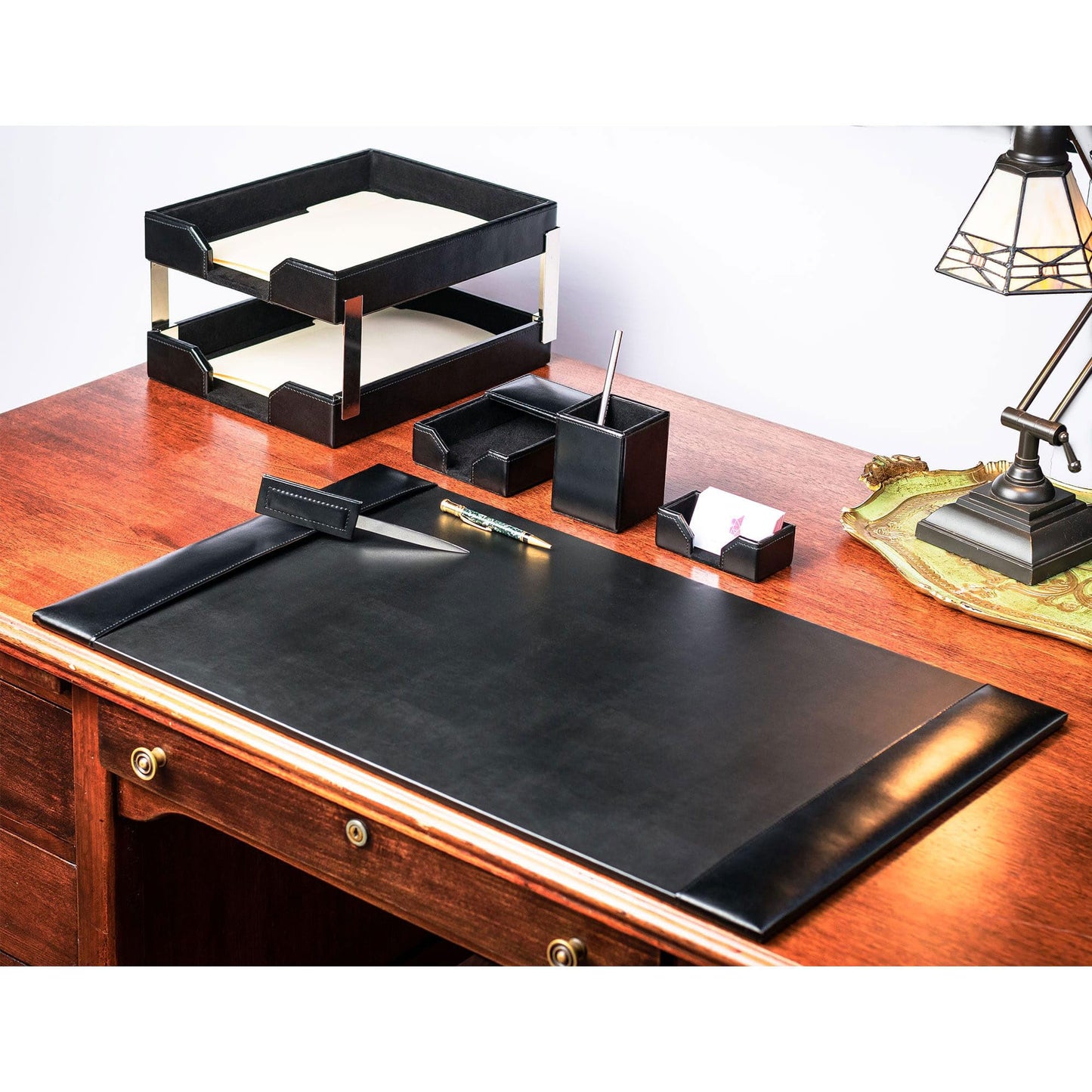 Dacasso Black Bonded Leather 8-Piece Desk Accessory Set - Organization Essentials & Executive Decor - Luxury Leather Blotter for Office Organization