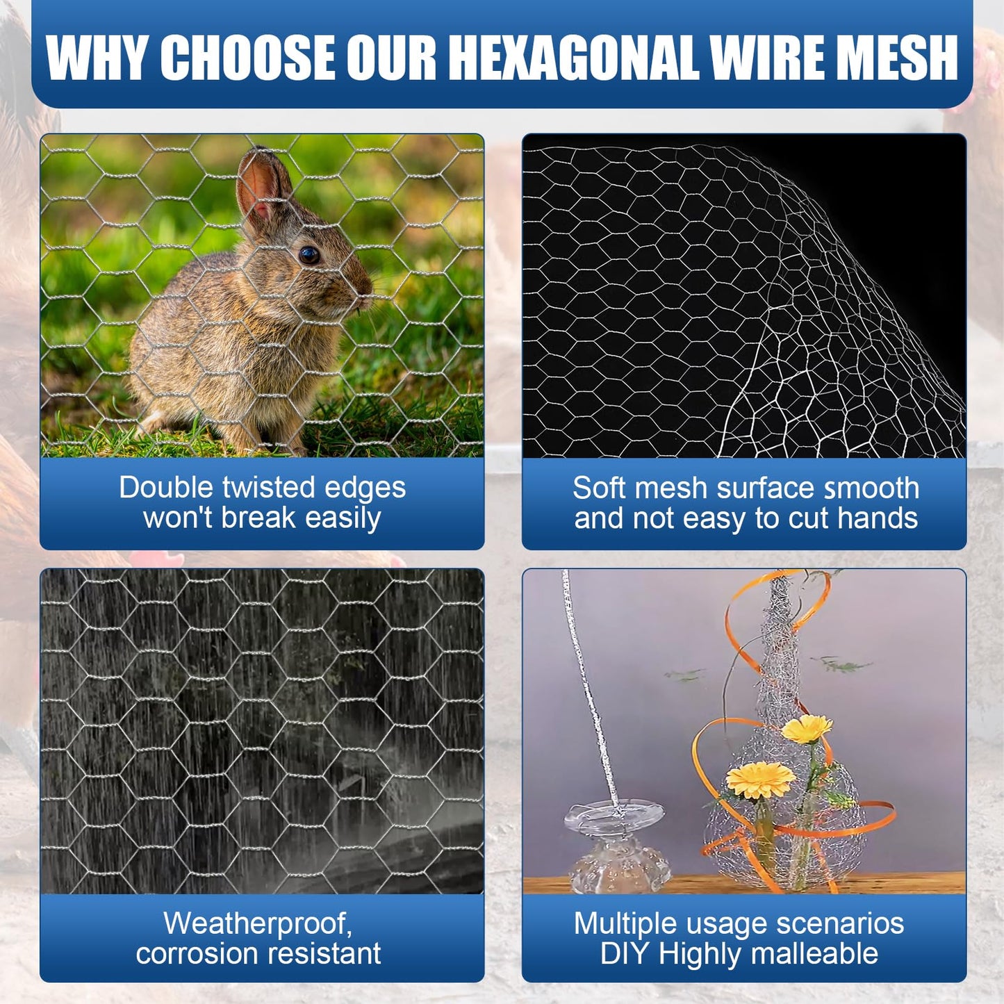 Chicken Wire,16"×50FT Chicken Wire Fencing for Garden Poultry, Hexagonal Galvanized Chicken Wire Mesh, Sturdy Chicken Wire Roll Plant Protector,Rabbit Fence, Wire Fence Rolls for Craft Projects