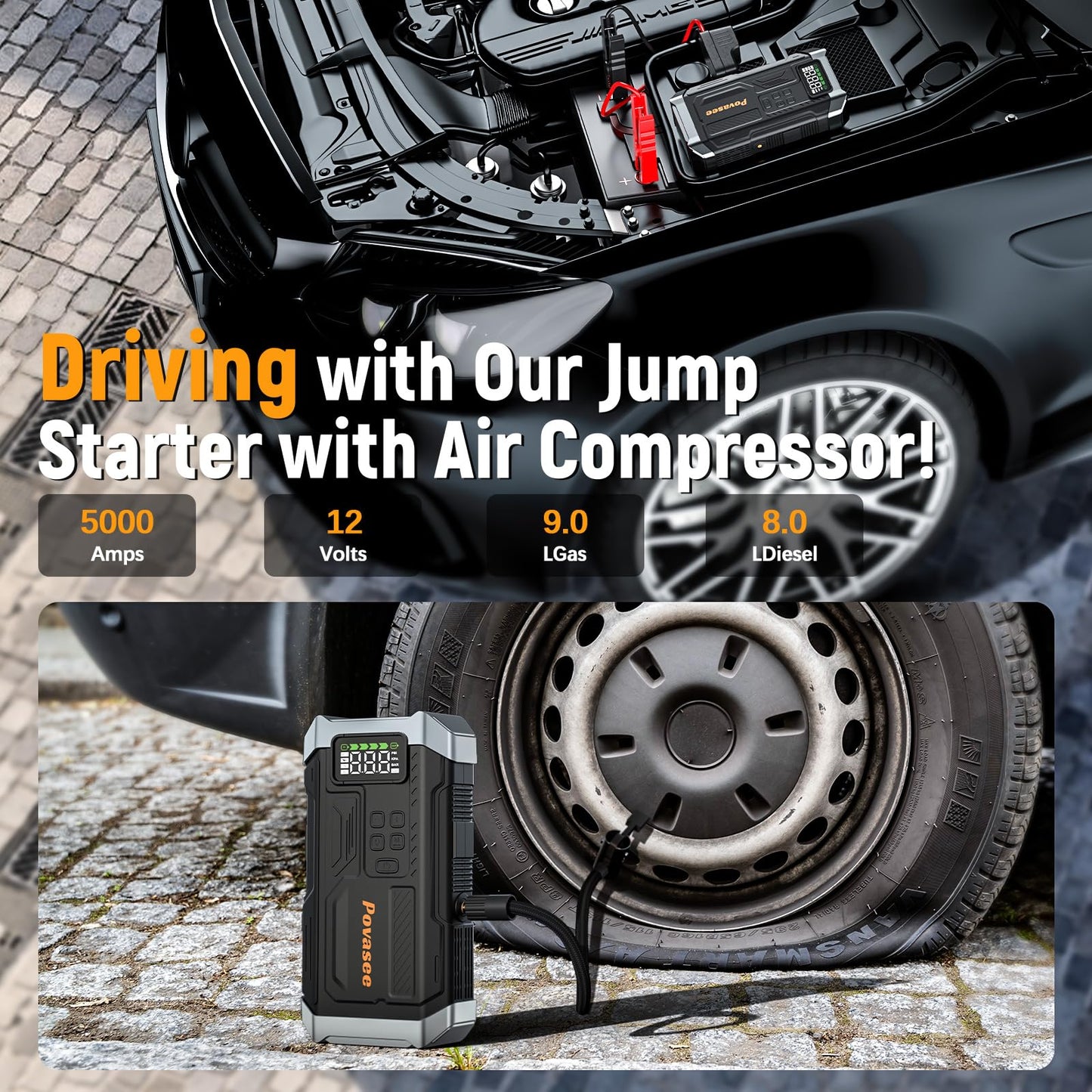 [2026NEW Model] 5000A Jump Starter with Air Compressor,Car Jumper Starter Portable with 150PSI Tire Inflator 12V Jump Box with LCD Display,Flashlight,Storage Case (Up 9L Gas/8L Diesel Engine