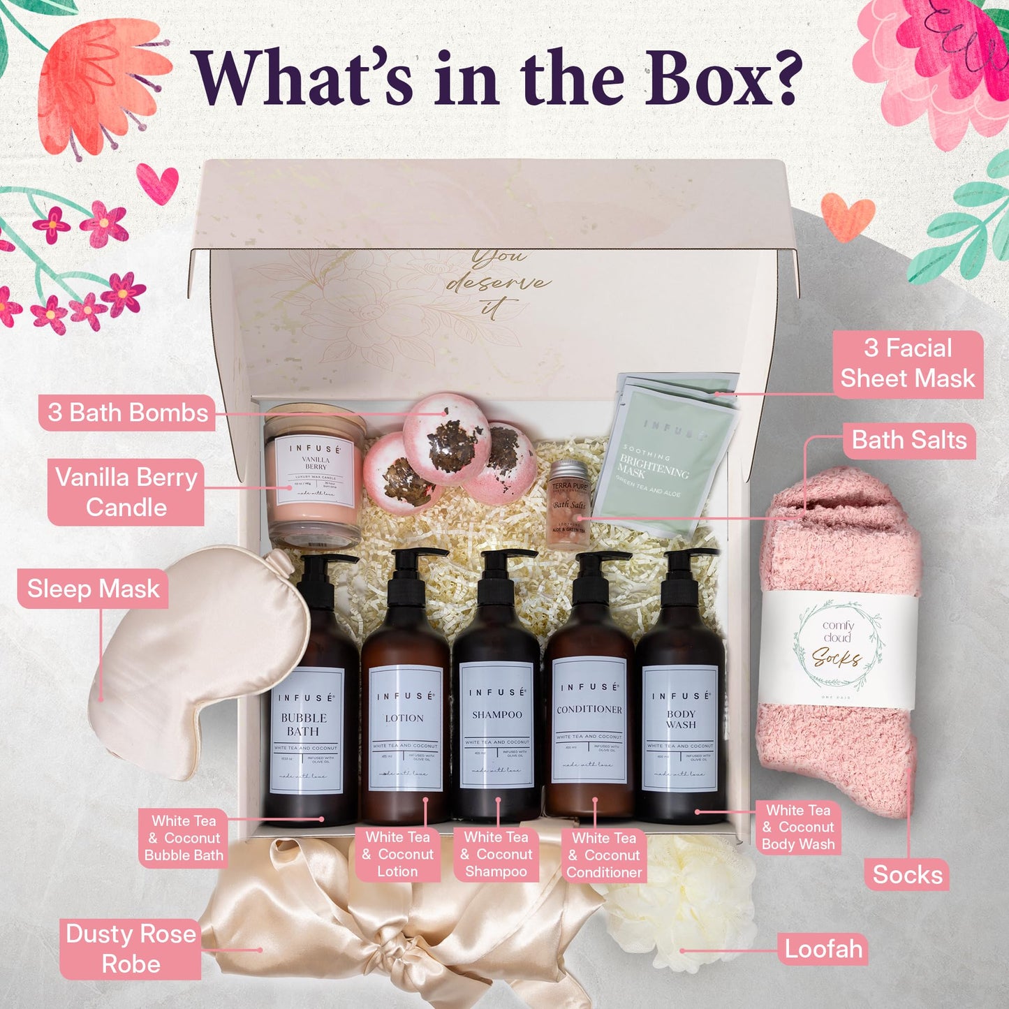 INFUSÉ 17-Piece Spa Gift Box for Women | Mother’s Day & Graduation Gift | Eye Mask, Candle, Robe, Loofa, Bath Bombs, Face Masks, Bubble Bath, Lotion, Body Wash, Bath Salt, Shampoo, Conditioner & Socks
