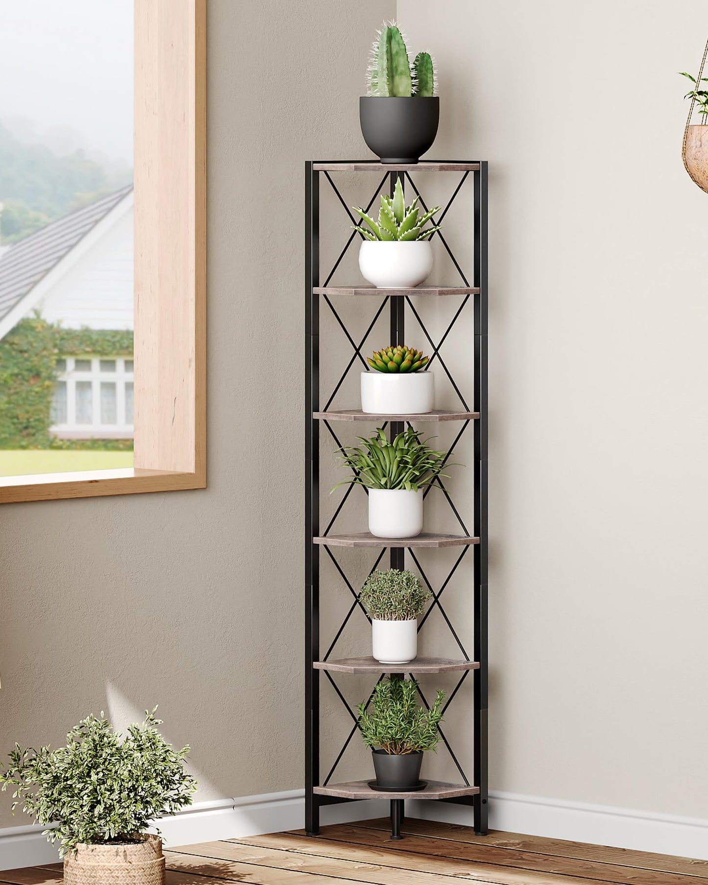 CHOEZON 6-Tier Corner Shelf, Corner Bookcase, 66.9" Tall Vertical Display Rack, Plant Stand, Open Storage Shelf, for Living Room, Bedroom, Study, Kitchen, Greige and Black TCJ13BG