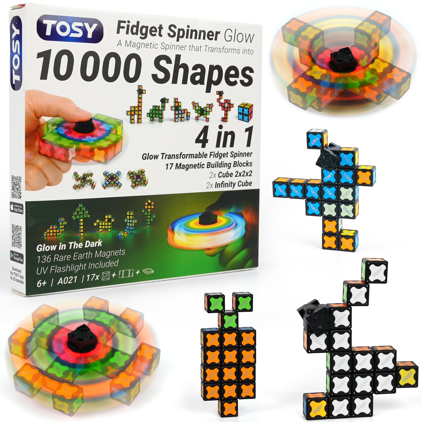 TOSY Magnet Fidget Spinner Glow - 16 Blocks, 3in1 Toy: Transformable Fidget Spinner, Infinity/Puzzle Cube, Easter Basket Stuffers Gift for Kids/Adults, Glowing STEM Sensory Stress Relief