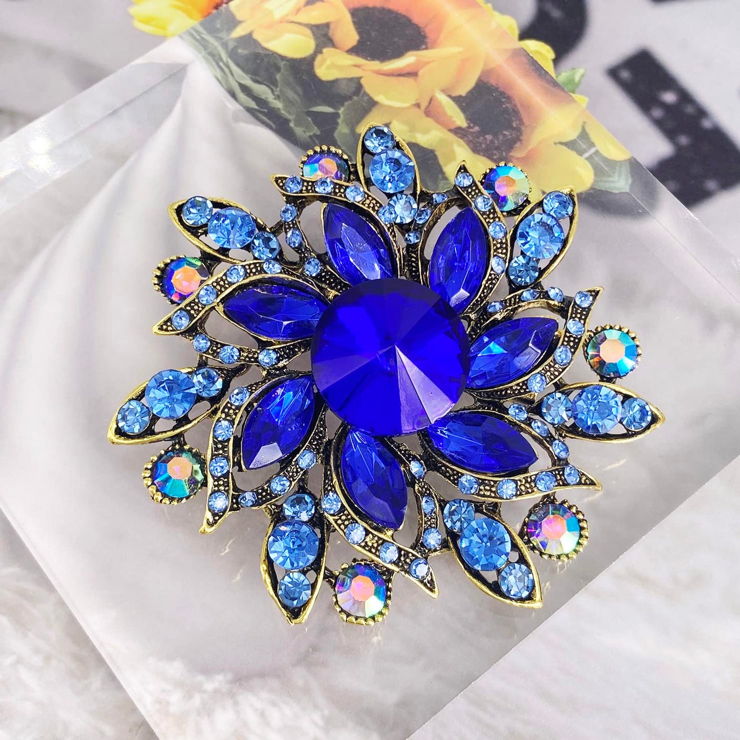 LAXPICOL Vintage Women's Blue Austrian Crystal Elegant Flower Brooch Wedding Broach Pin