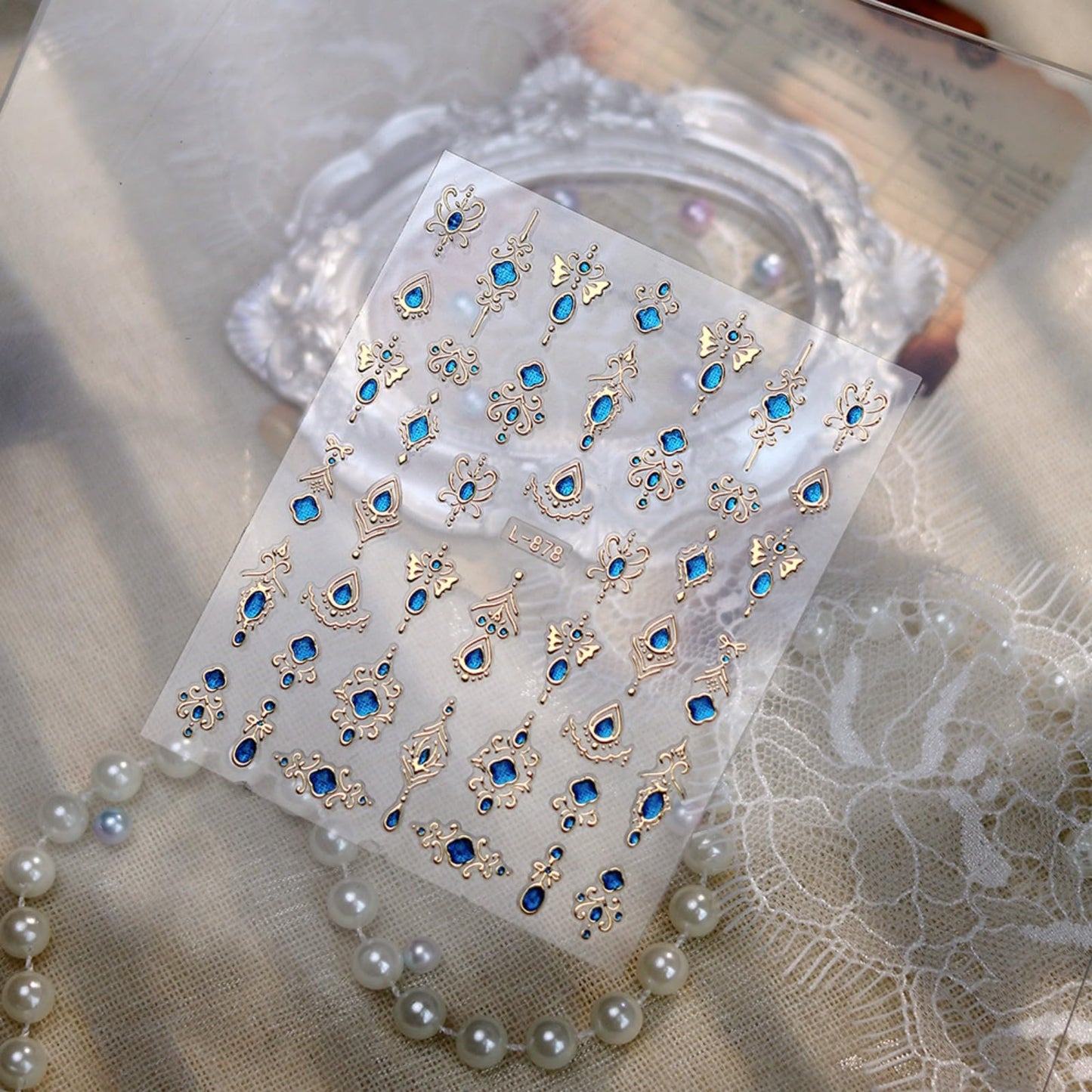 Gem Pattern Nail Art Stickers, 3D Embossed Retro Nail Decals, Self Adhesive Baroque Nails Decoration Supplies for Women Nails Design(Blue Gem-6 Sheets)