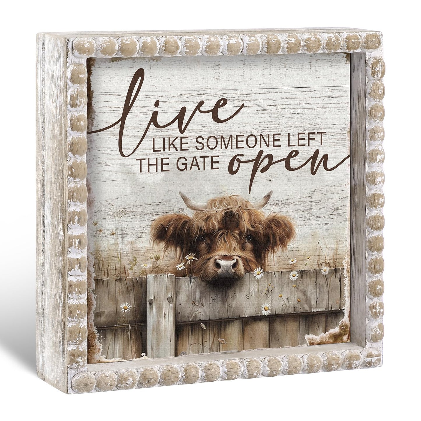Yousoontic Highland Cow Farmhouse Bathroom Decor Wooden Sign Rustic Western Bathroom Decor 6 Inch Funny Restroom Decorative Plaque for Home Kitchen Shelf Table (Live Like Someone Left the Gate Open)