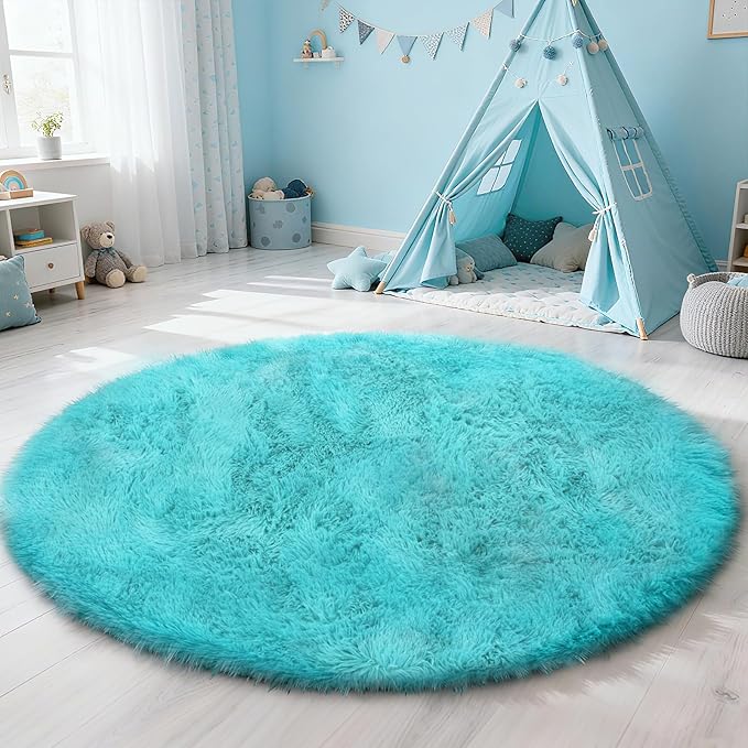 yulidayang Soft Round Area Rug for Kids Bedroom, Fluffy Fuzzy Shaggy Rug 3'X3'for Living Room, Non Slip Circle Plush Rug for Girls Room Nursery Dorm Decor,Light Blue