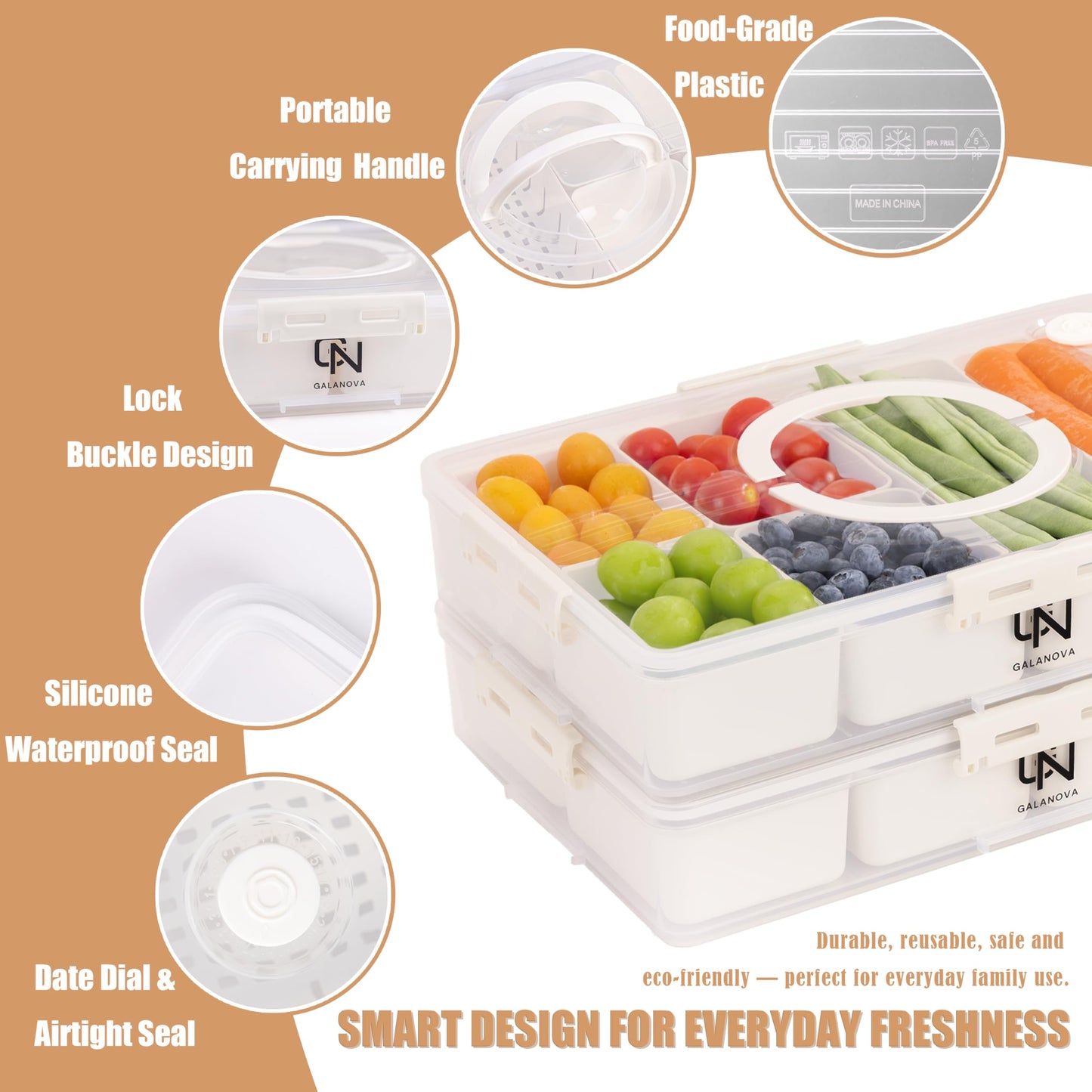 Stackable Snackle Box Container with 2 Lids, 14 Compartments - BPA-Free Snackle box Organizer, Dishwasher & Microwave Safe Reusable Snacklebox for Veggies, Fruits, Charcuterie, Snacks (White, 2 Pack)