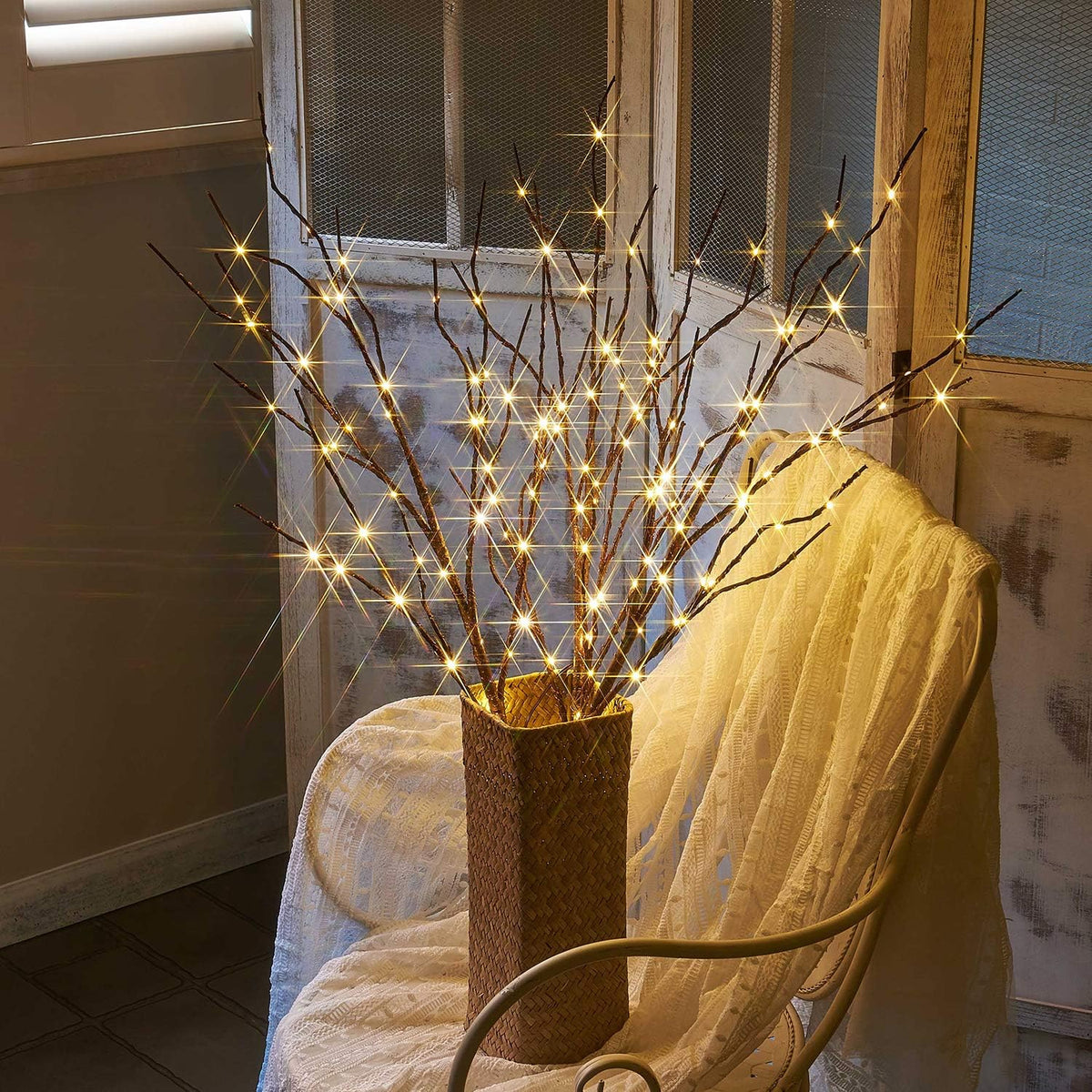 Fudios Lighted Twigs and Branches for Vases Plug in 32in Tall,Brown Willow Tree Branches with Lights 150 LED Outdoor Indoor Holiday Party Decor Gift 2Sets