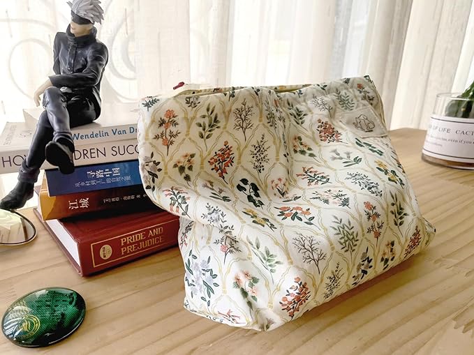 HAPPYHEIDI Large Floral Cotton Makeup Bag Cosmetic Travel Pouch, Make Up Purse Organizer, Canvas Lined Cute Grid Flower Show