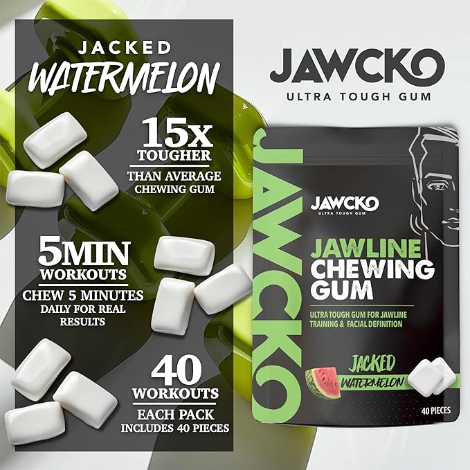 JAWCKO Ultra-Tough Jawline Chewing Gum | Get a Stronger, Squarer Jawline | Watermelon Jaw Training Hard Gum | 15X Strength | Chisel, Sculpt, Tone your Jaw | Facial Fitness Mewing Gum | 40 Pieces/Pack