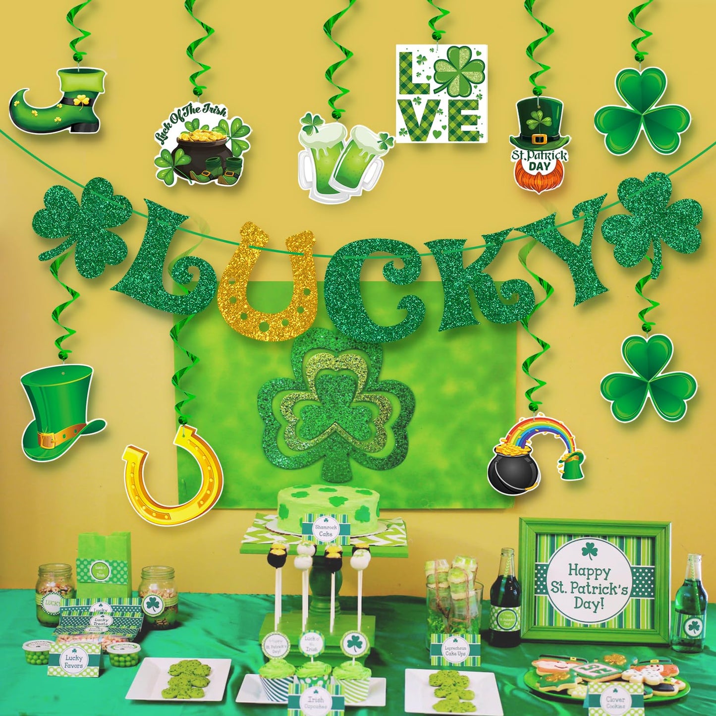 St. Patrick's Day Decorations Kit with Banner, 10 Hanging Swirls, NO-DIY Garlands Decorations for St. Patrick's Day Decor, St. Patrick's Day Party Favor, Office and Home Decor Supplies