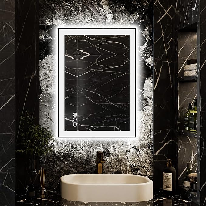 ISKM Framed LED Mirror for Bathroom 20"x28", Dimmable LED Bathroom Mirror with Lights, Anti-Fog, Front and Backlit Lighted Mirror 3-Colors, Shatterproof, Memory Function