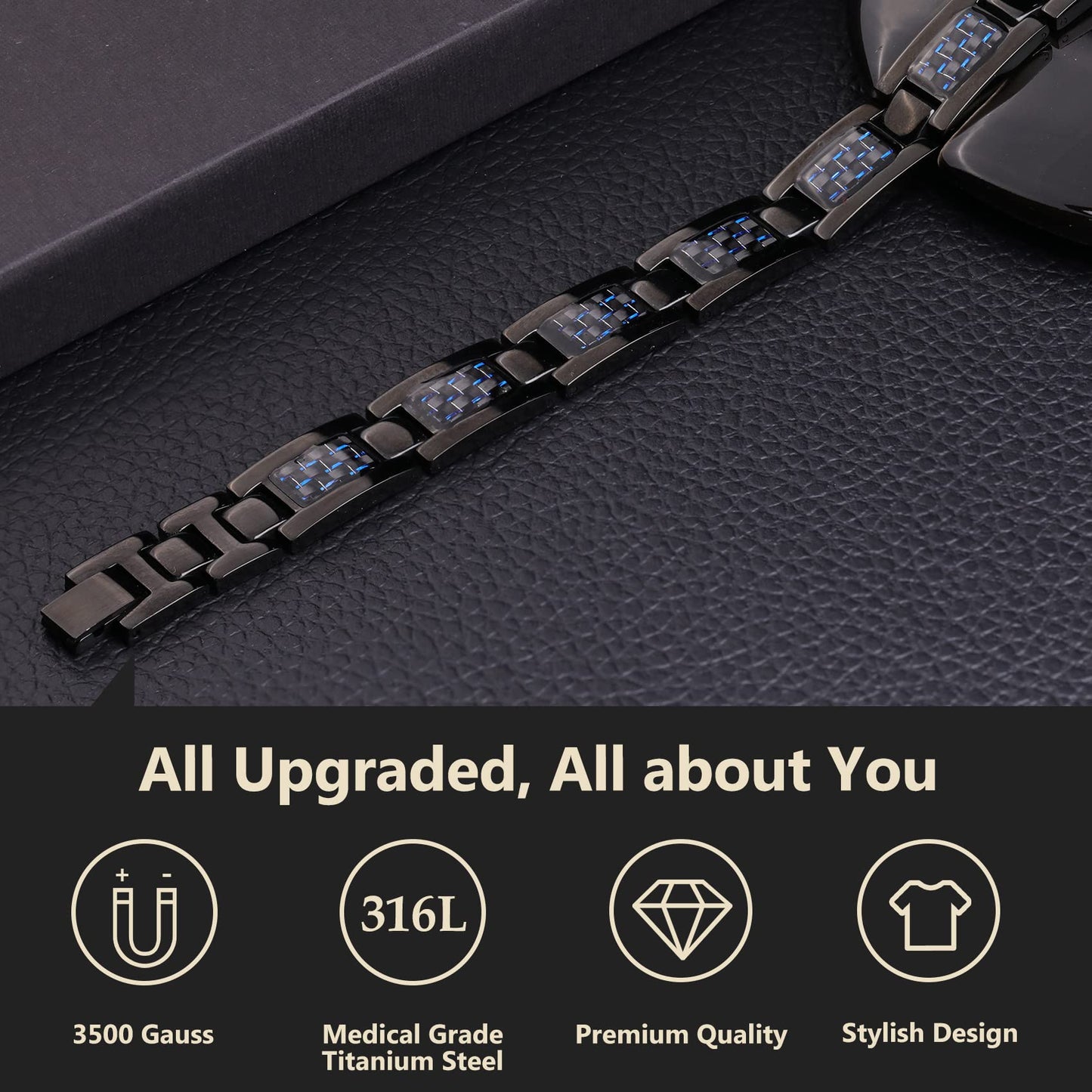 Feraco Magnetic Bracelets for Men, Stainless Steel Magnets Bracelets with Unique Blue Carbon Fiber & 3500 Gauss Powerful Magnets, Adjustable with Sizing Tool