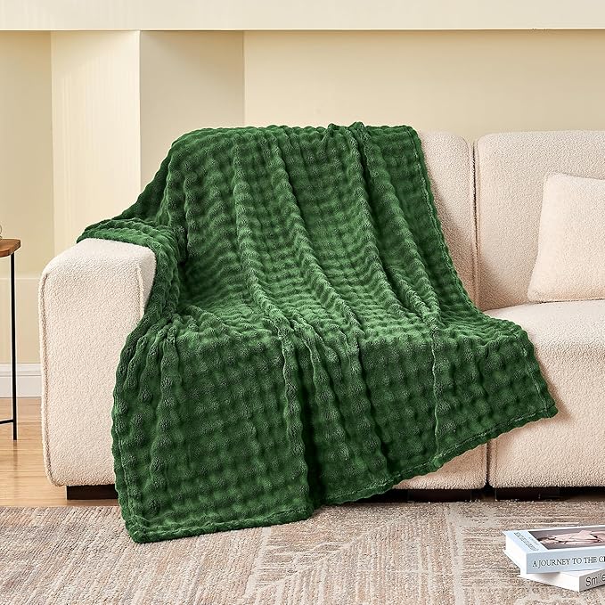 SOCHOW Olive Green Bubble Fleece Blanket for Couch, Super Soft Cozy Cute Throw Blanket for Women, Decorative Fuzzy Flannel Blanket, 50 x 60 Inches