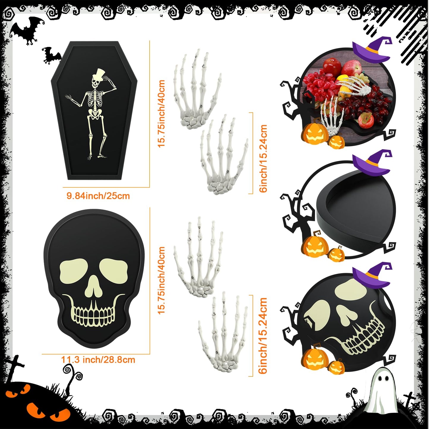 Zhehao 4 Pcs Halloween Serveware Supplies Wooden Coffin Ghost Charcuterie Board Cheese Board Serving Platter Snack Trays with Plastic Skeleton Hands Dinnerware Cookware for Home Party Dinnerware