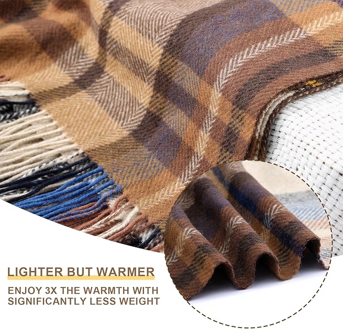 Throw Blanket Plaid with Carry Bag | Soft Wool Travel Blanket 55"x83" 2lbs| Mocha Brown Plaid Decorative Throw for Couch, Camping & Gift