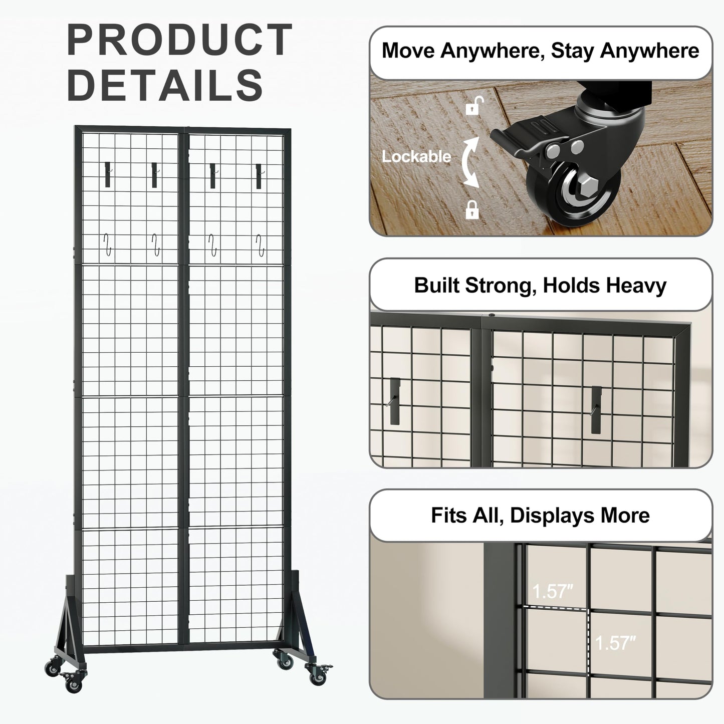 VAFEKOL Rolling Gridwall Display Stand, 65.6" H x 23.6" W Wire Mesh Rack with Wheels, Metal Display Grid for Art Shows, Craft Fairs, Retail Boutique & Home Storage, Black