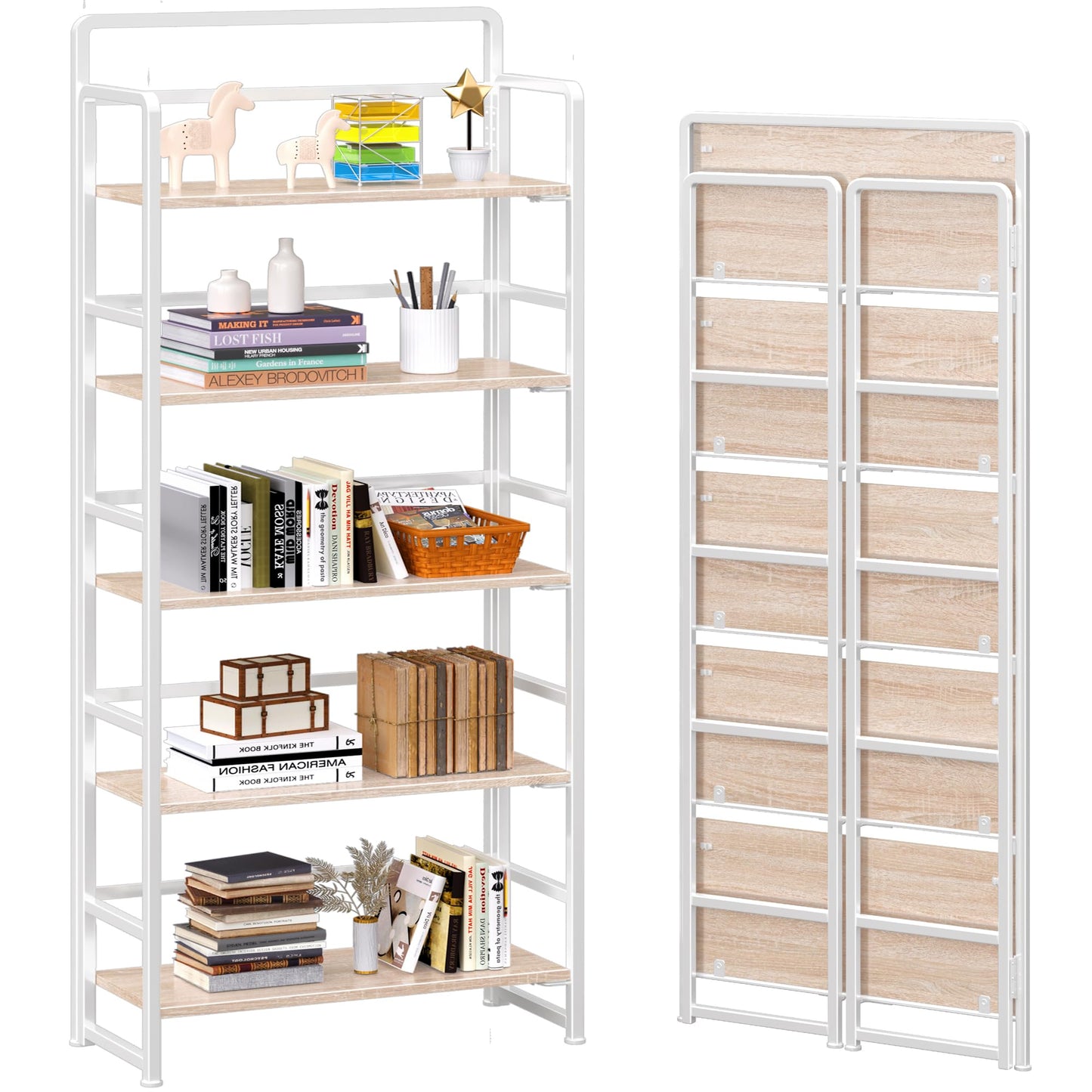 4NM No Assembly 5 Tiers Folding Bookshelf Storage Shelves Vintage Bookcase Standing Racks Study Organizer Home Office (Natural White)