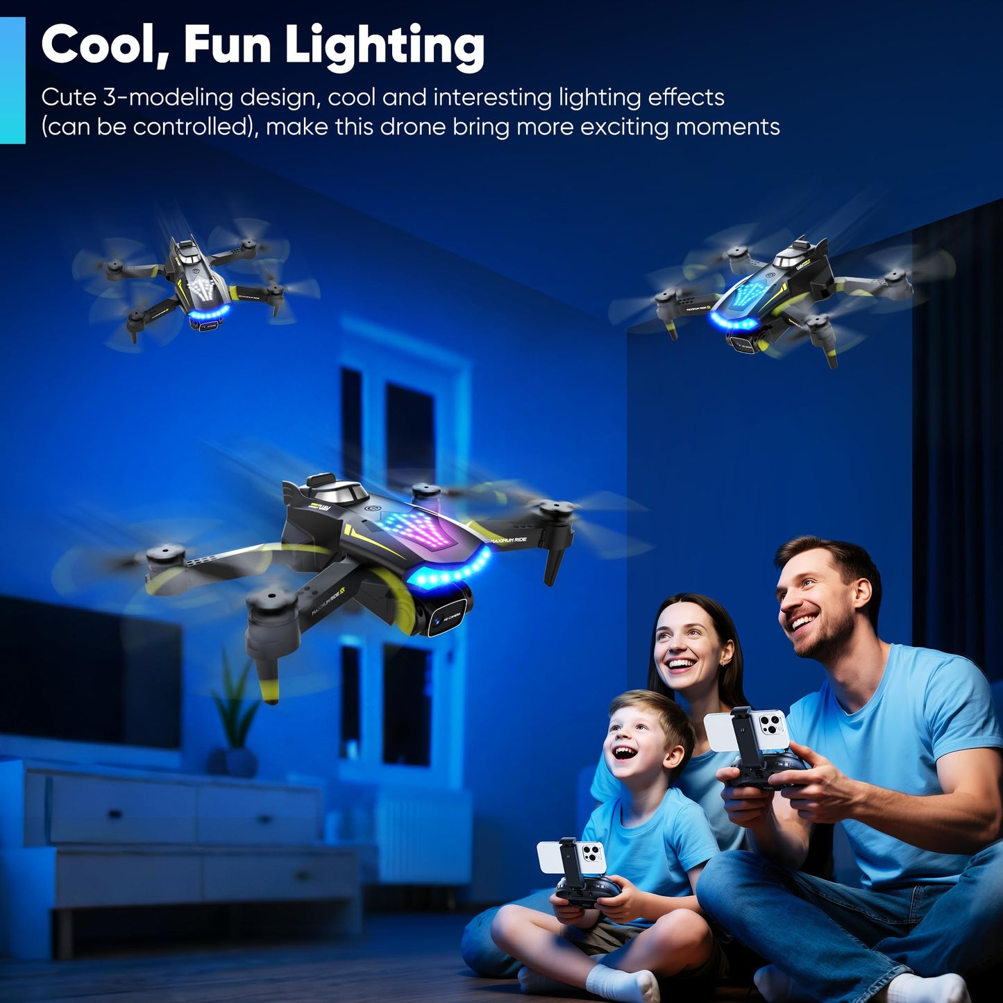 Flymevac Drone with Camera, Dual 720HD, Drone for Kids with Cool Lights, Gestures Control, Vertical Shooting, Waypoint Flight, Gravity Control, 3D Flip, 3-Speeds, Drones for Adults, Beginners, Kids