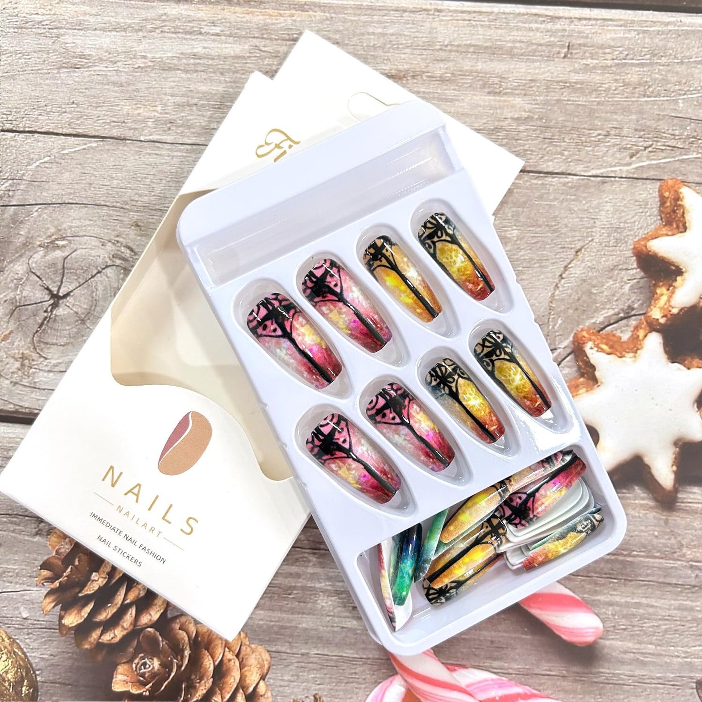 LOPMNGHT Stained Glass Windows Press on Nails Medium Ballet Shaped Colorful Aurora False Nails Full Cover Glossy Acrylic Nails Colorful Flower Windows Design Artificial Nails for Women 24Pcs