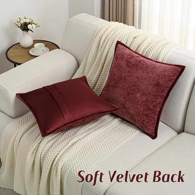 FUTEI Burgundy Chenille Throw Pillow Covers 18x18 Inch Set of 2,Soft Cozy Bound Edge Design Cushion Case,Home Decor for Couch Bed Living Room
