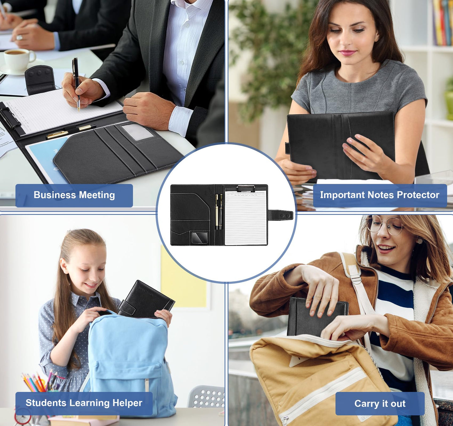 NOTEZMATE Padfolio Notepad Holder with Clipboard,A5 Faux Leather Padfolio Folder for Interview Resume,Magnetic Closure Legal Pad Folder with Business Holder,2 Pens & 5x8 Writing Pad for Office,Black