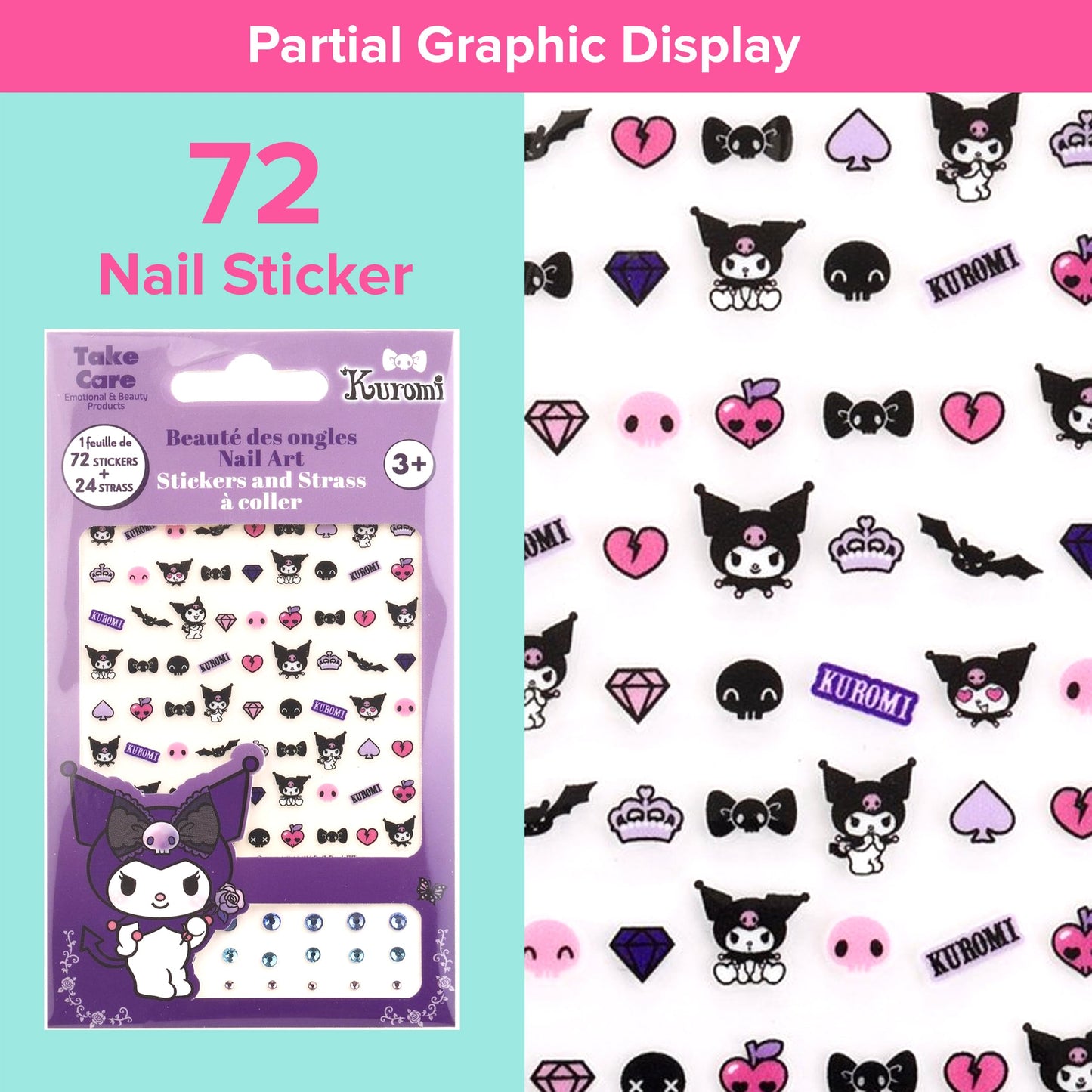 Kuromi Nail Stickers – 1 Sheet with 72 Stickers + 24 Rhinestones – Self-Adhesive Nail Art for Girls – Fun Activity & Gift Idea for Birthdays, Crafts, Party Bags and Playdates