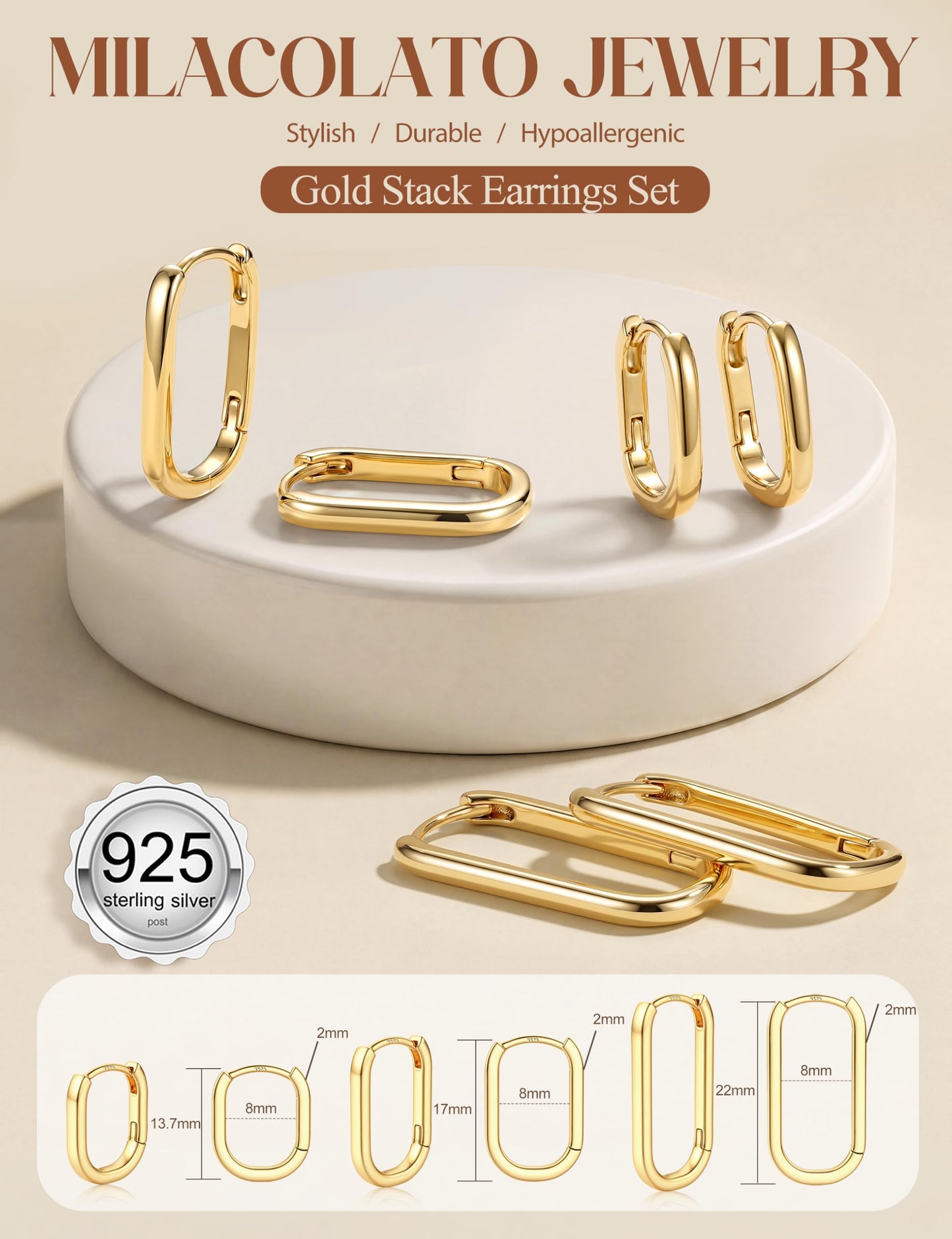 MILACOLATO 3Pairs 14K Gold Filled Hoop Earrings Set for Women Trendy Sterling Silver Post Small Chunky Hoop Earring Hypoallergenic Thick Huggie Hoop Earrings Stacks for Multiple Piercing Lightweight-C