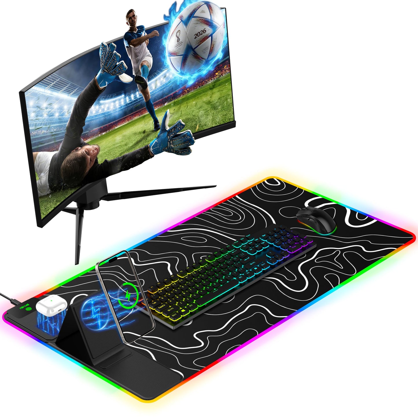 Mouse Pad with Foldable Phone Holder & Wireless Charger, XXL RGB Gaming Mousepad 31.5"x15.8" Large Desk Mat for Keyboard, 11 Colors 5 Modes