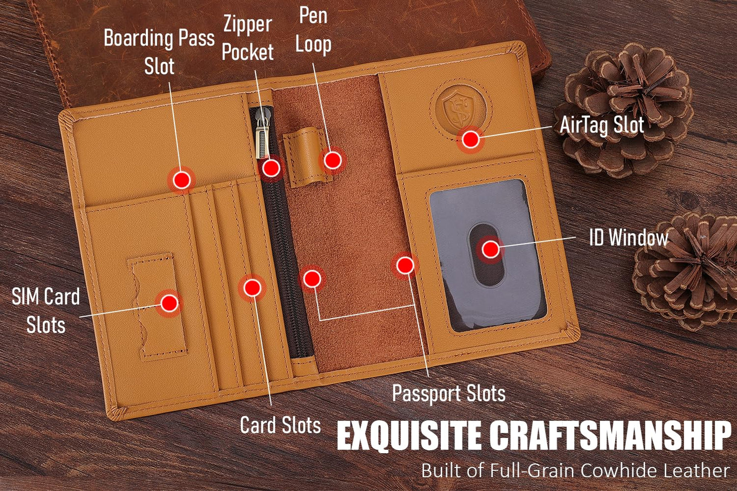 STAR VISTA Phoenix Leather Passport Holder, Calfskin Leather Travel Wallet - RFID Blocking, ID Window, Zipper Pocket, Pen & Notebook Included, AirTag Holder, Honey