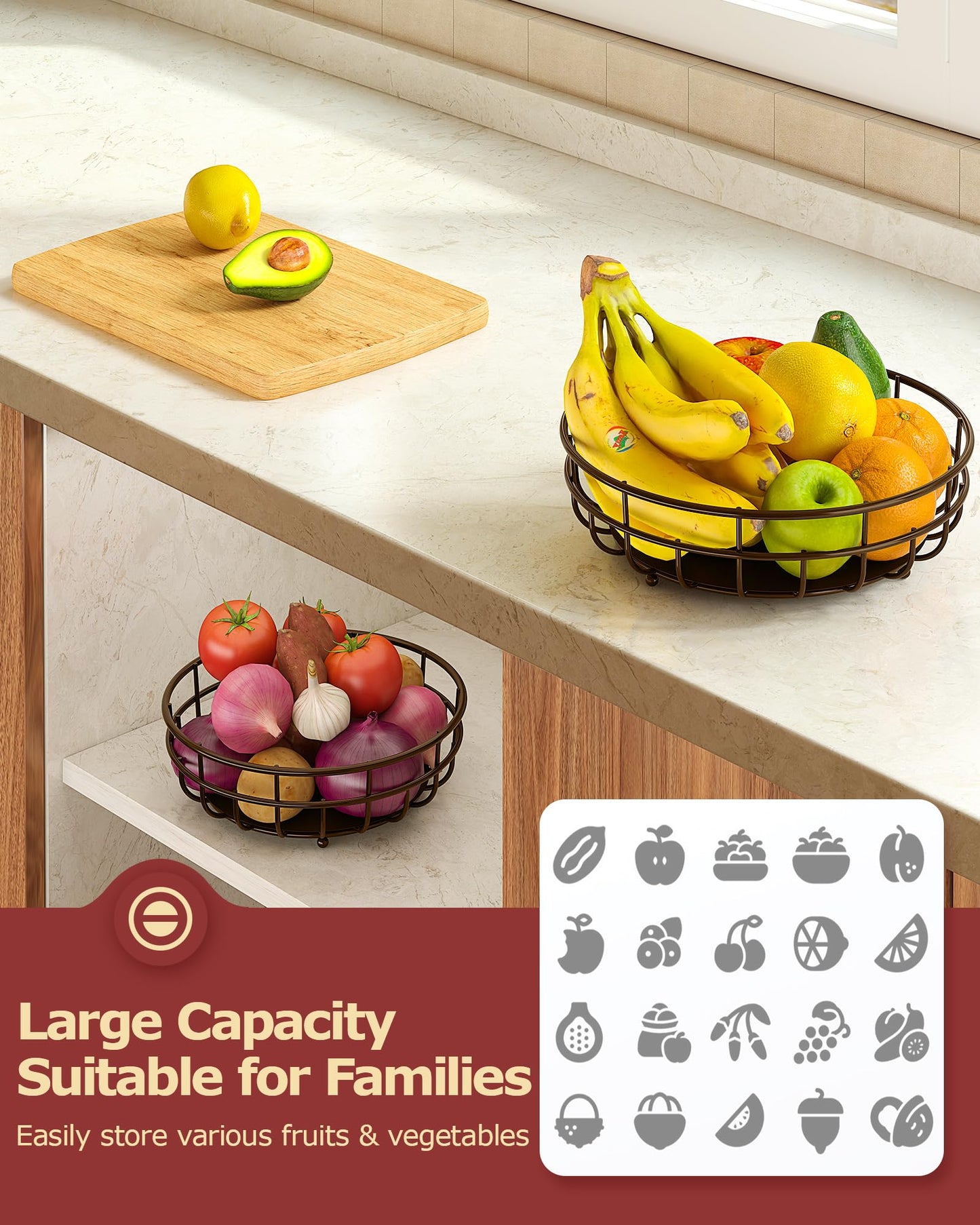 Sevenblue 2 Tier Large Fruit Basket for Kitchen Counter with Removable Banana Hanger - Sturdy Iron Fruit Bowl for Kitchen Counter and Vegetable Holder, Fruit Holder for Kitchen Countertop, Brown