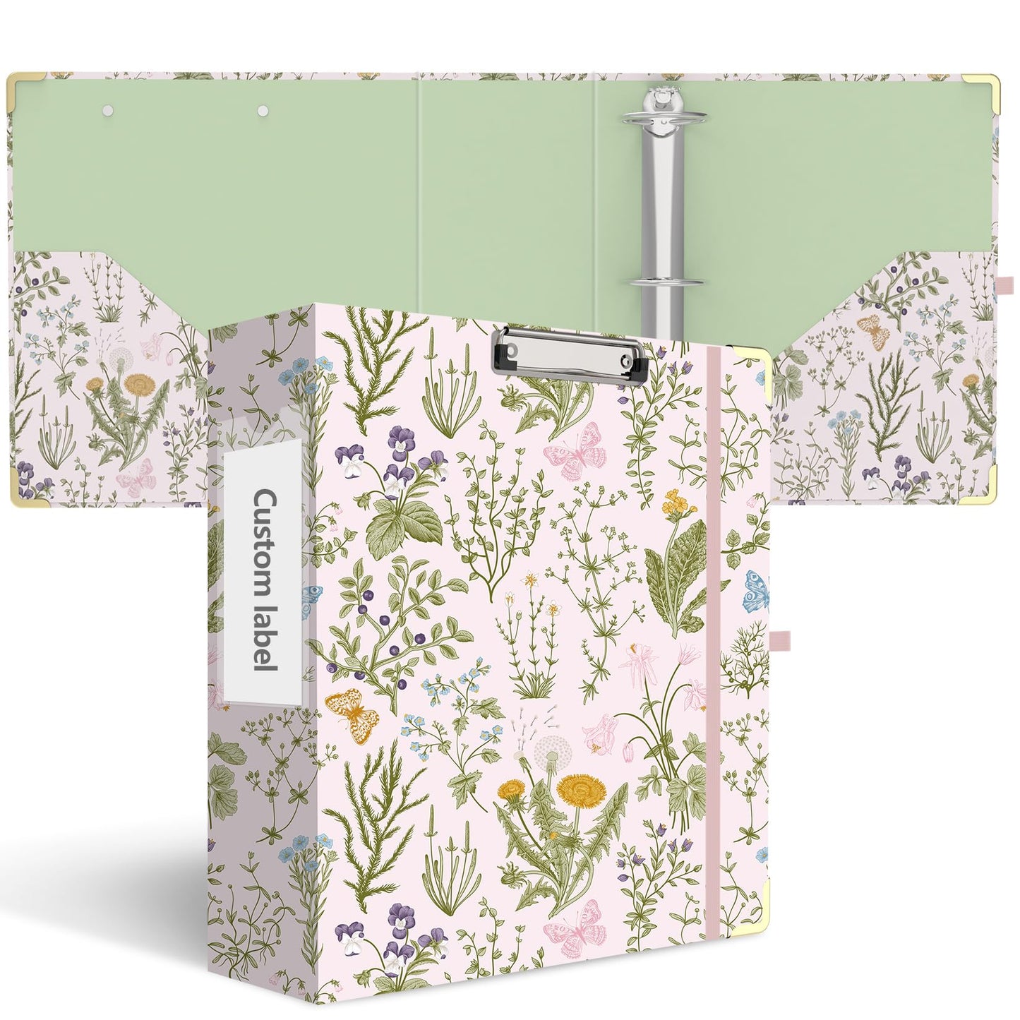 3 Ring Binder 3 Inch, Cute Round Ring Binders with 6 Tab Dividers, Labels Stickers, Low Profile Clipboard with Storage, Fashion Binder School Office Supplies(Wild Flowers)