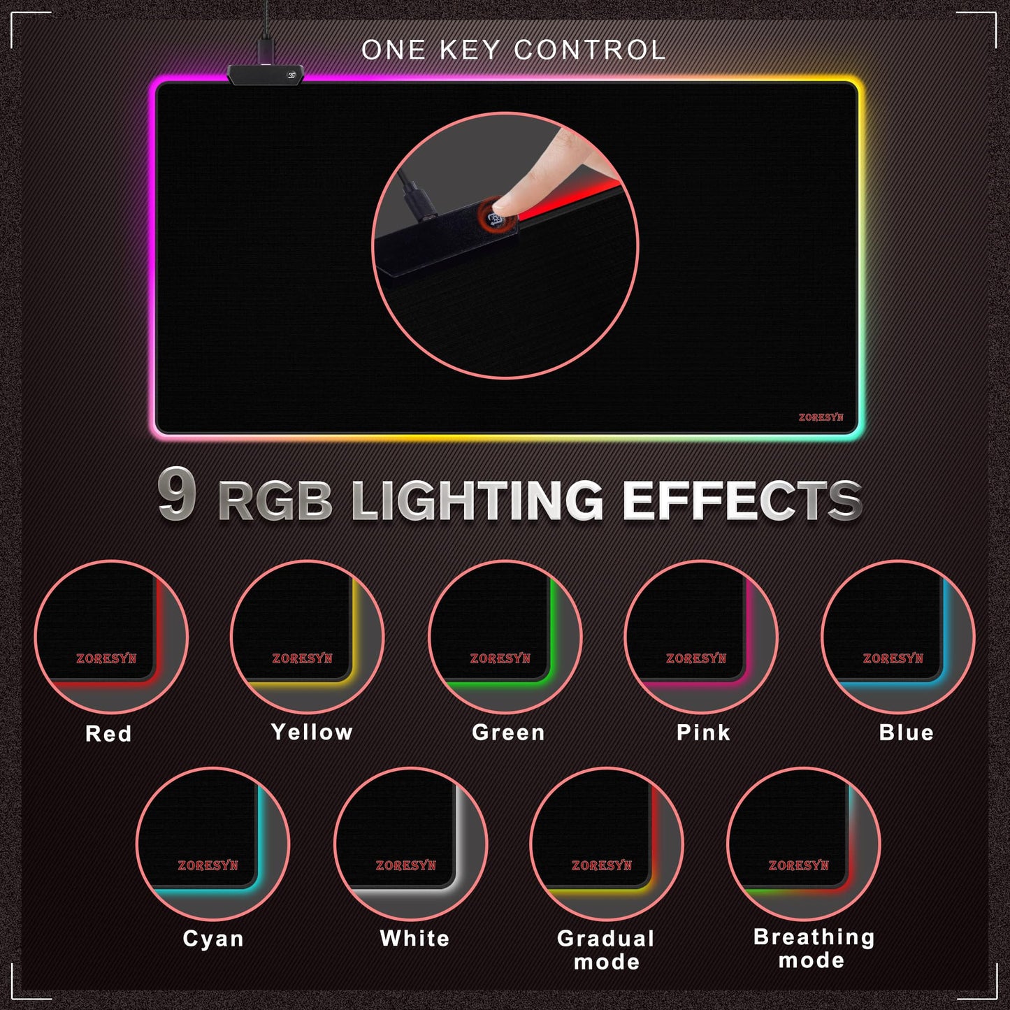 ZORESYN Large RGB Gaming Mouse Pad, 47.2x19.7 Inch Extended LED Mousepad with 9 Lighting Modes, Non-Slip Rubber Base, Smooth Surface, USB-C Powered, for PC Laptop Computer Gamer - Black