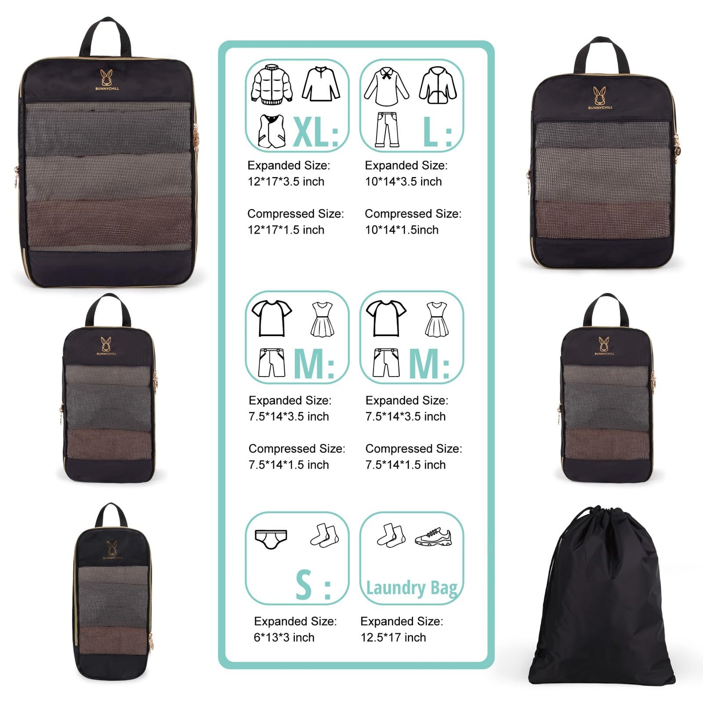6 Set Compression Packing Cubes for Travel, Bunnychill Portable Zipper Packing Cube for Cloting, Expandable Space Saver Storage Luggage Organizer Bags for Suitcases(Black)