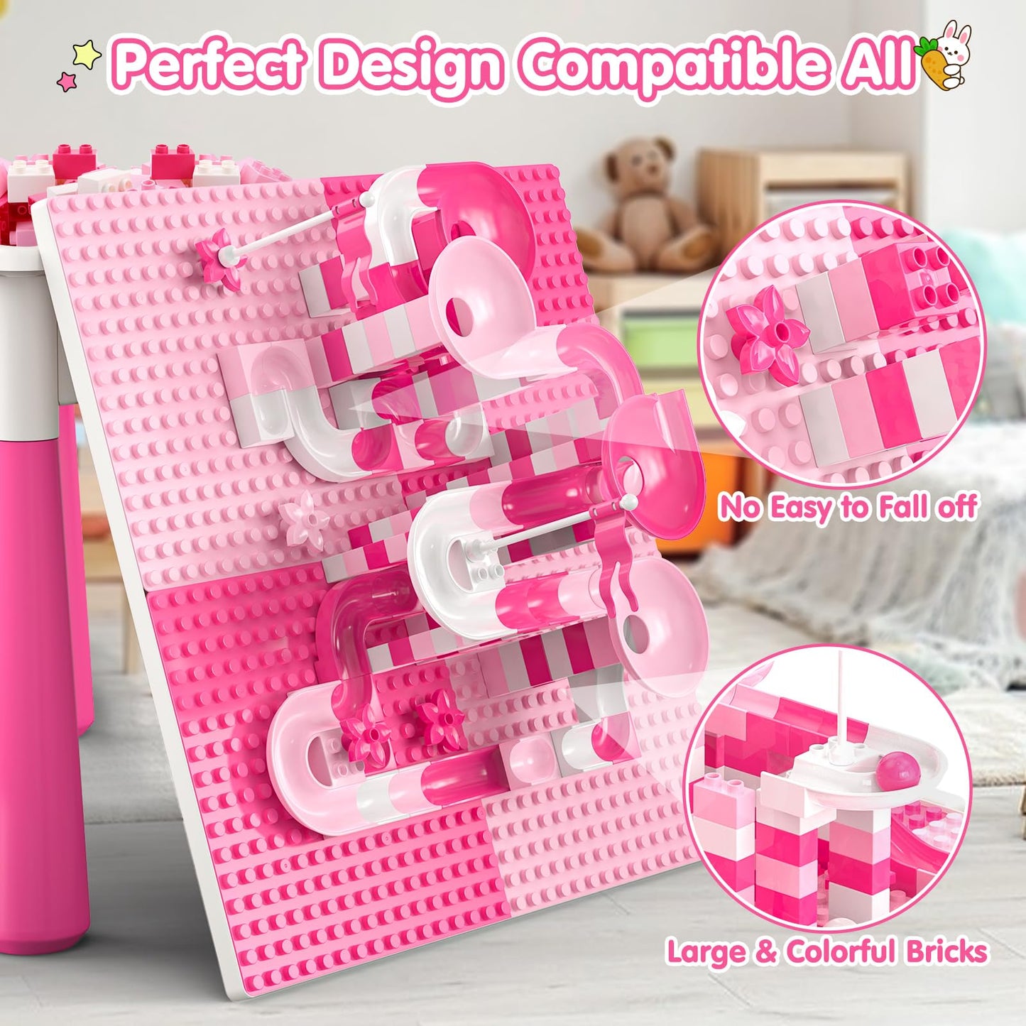 OCATO Kids Toddler Table and Chair Set: Water Table Activity Tables with 152Pcs Large Marble Run Building Blocks 2 Rabbit Chairs Storage All in One Play Sensory Sand Tables 3-6 Year Old Girl Toy Gift