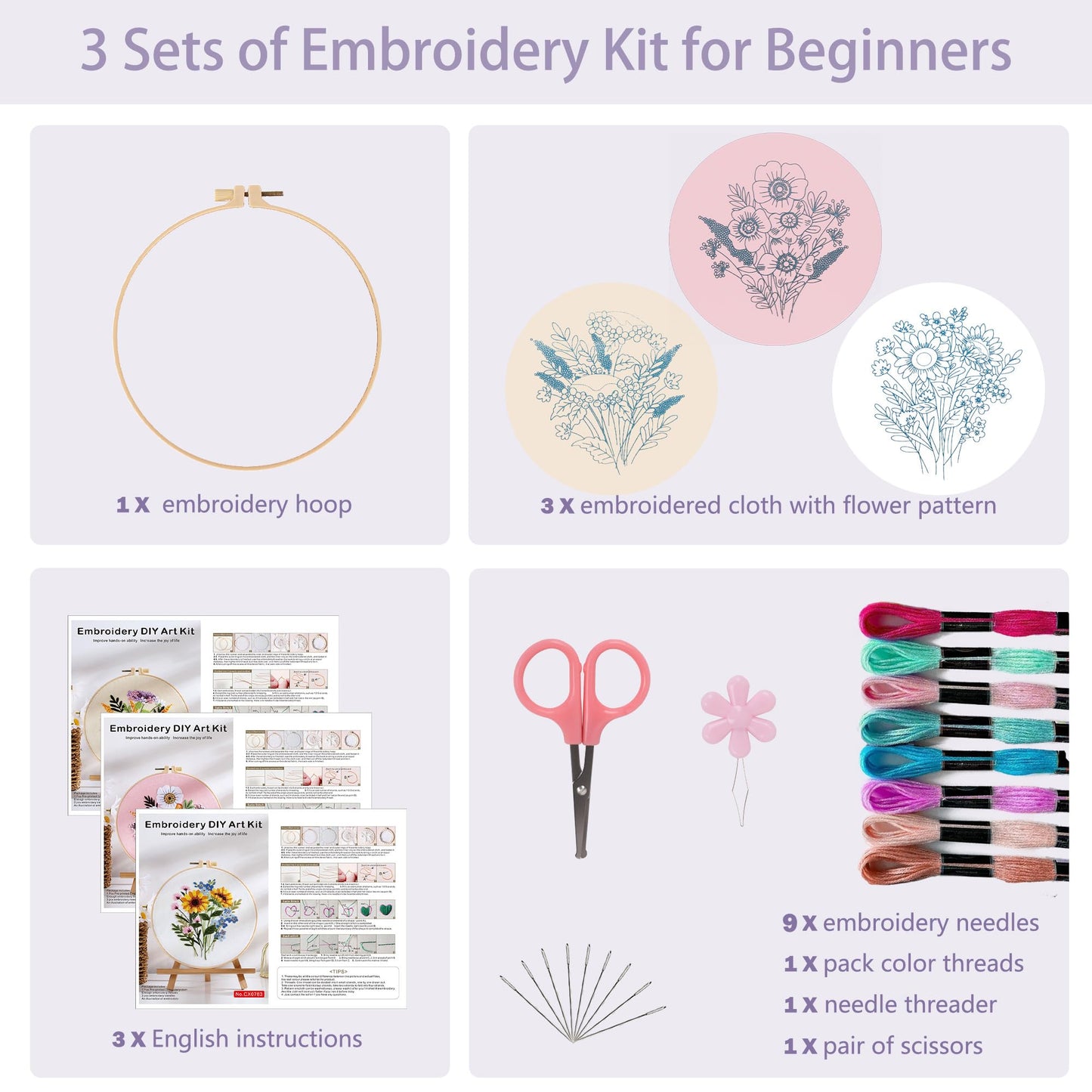 Offizon 3 PCS Embroidery Kit for Beginners - Cross Stitch DIY Craft Set, Flower Embroidery Accessories & Hoop Included, Hand Embroidery Kit for Adults Stitching Sewing Kit Gift | FlowerB Patterns