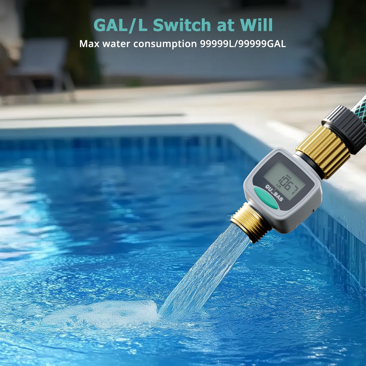 QUOBAS Water Flow Meter with Brass Fittings, Easy-Install Garden Hose Flow Meter for RV, Outdoor Plants, Lawn & Pool, Waterproof Screen, Tracks Gallon/Liter Usage, 4 Modes