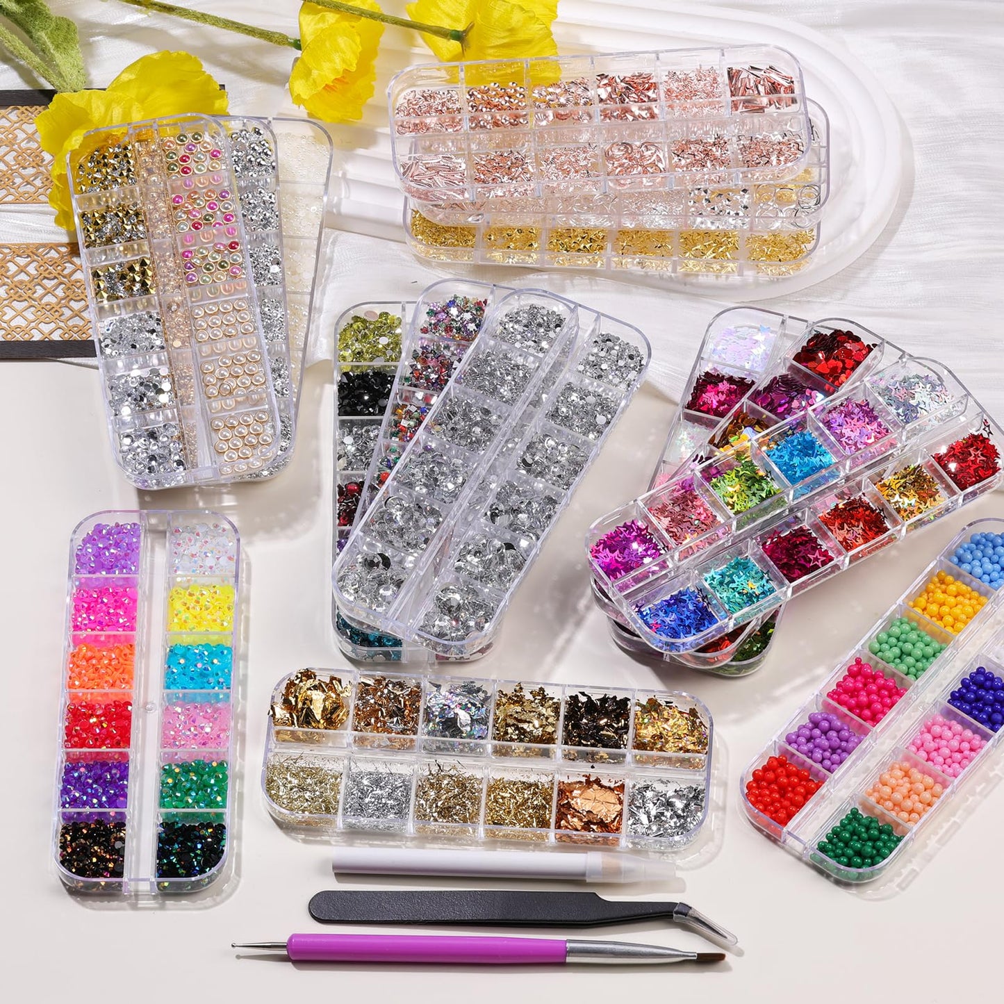 15 Boxes Nail Rhinestones Gems Kit,Gold/Silver Metal Studs,Mixed Sizes Flatback Crystals Rhinestones,Half Pearls,Sequins,Foil Flakes with Tweezers & Dotting Tools for DIY Manicure