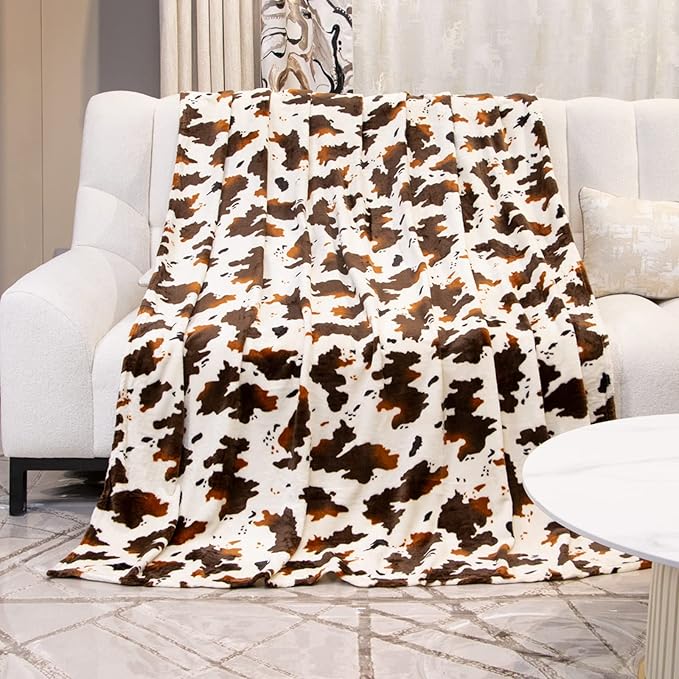 Cow Print Fleece Blanket - Brown White Plush Throw, Lightweight Bed Couch Decor, Cute Cow Gifts for Women, Girls, Teens 50"x60"